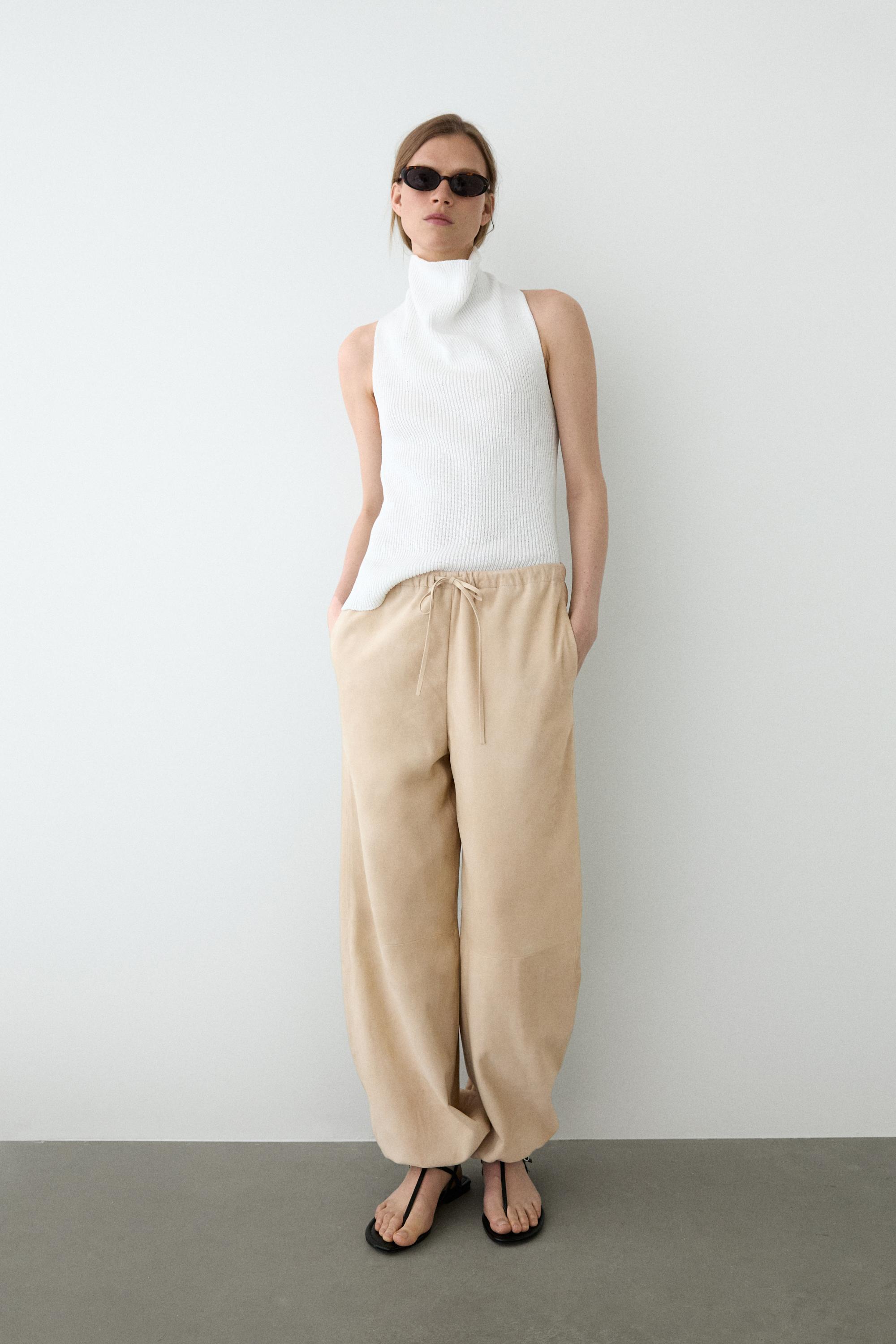 Suede leather sarouel trousers — Vanilla