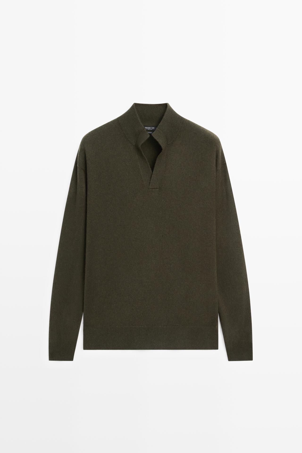 100% cashmere mock V-neck knit sweater — DARK GREEN