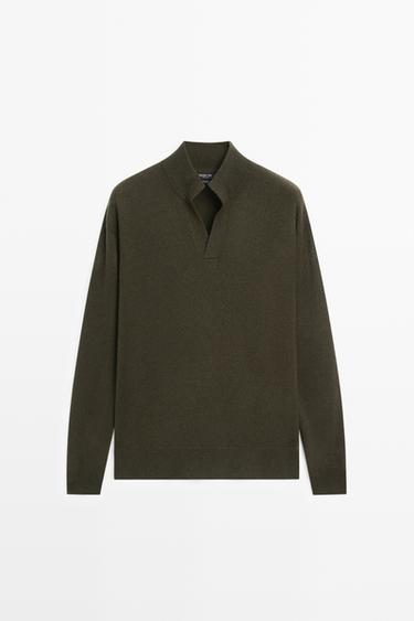 100% cashmere mock V-neck knit sweater — DARK GREEN 2