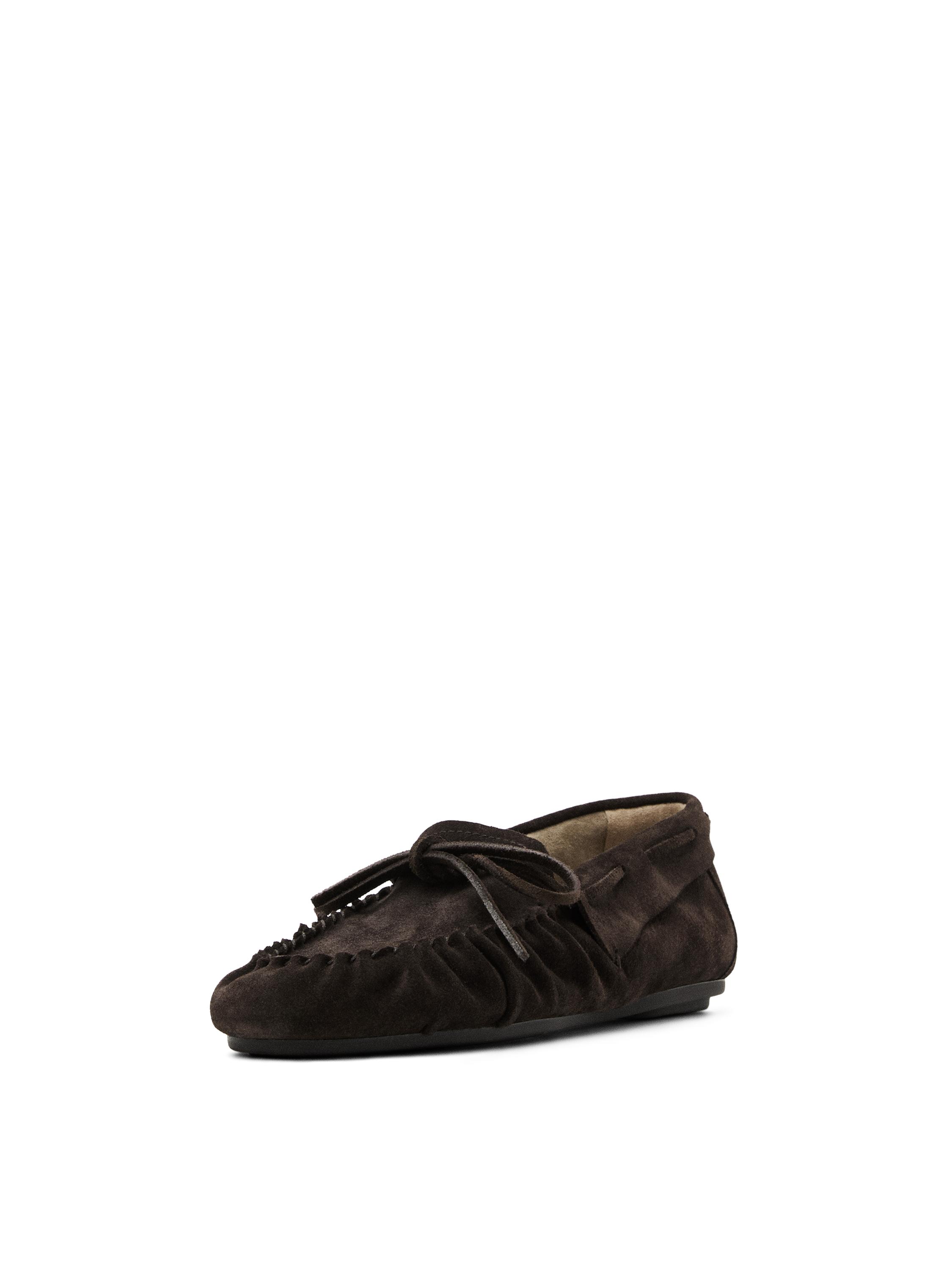 Split leather loafers with gathered bow — BROWN