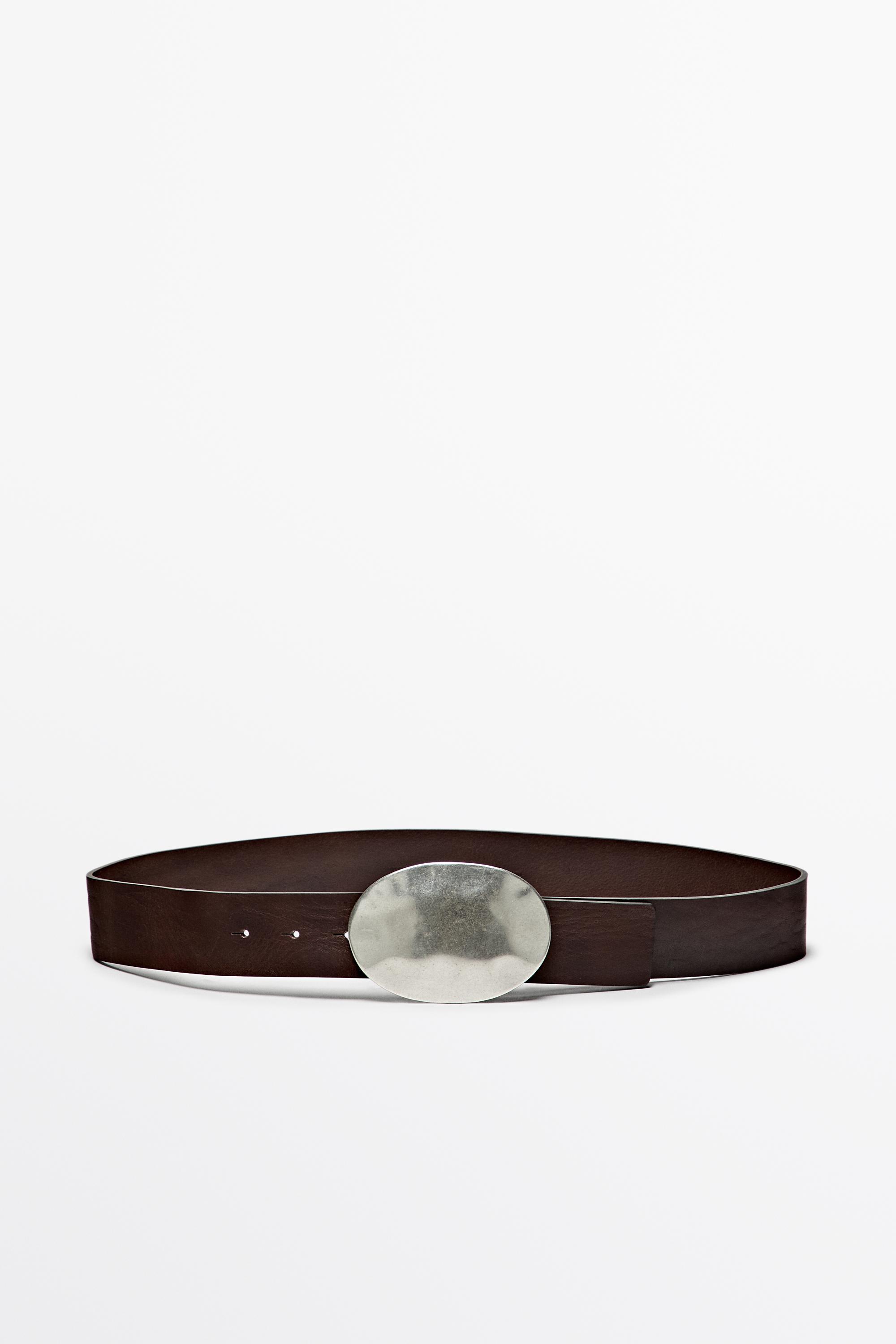 Nappa leather texture belt with oval buckle — BROWN