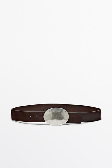 Oval textured buckle Nappa leather belt — BROWN 1