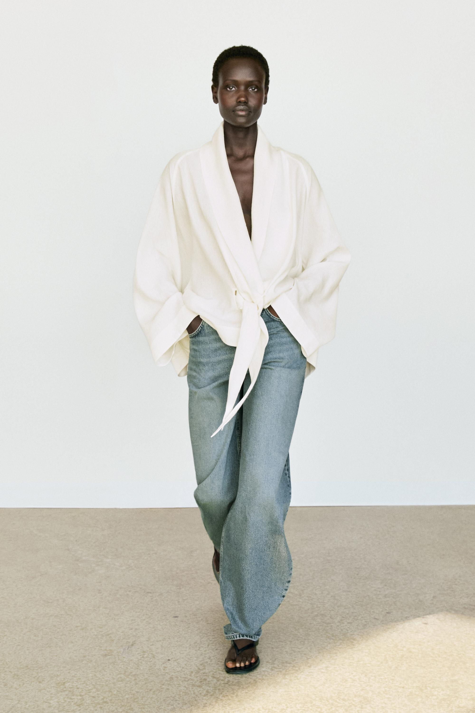 Flowing linen-blend shirt with tie detail — WHITE