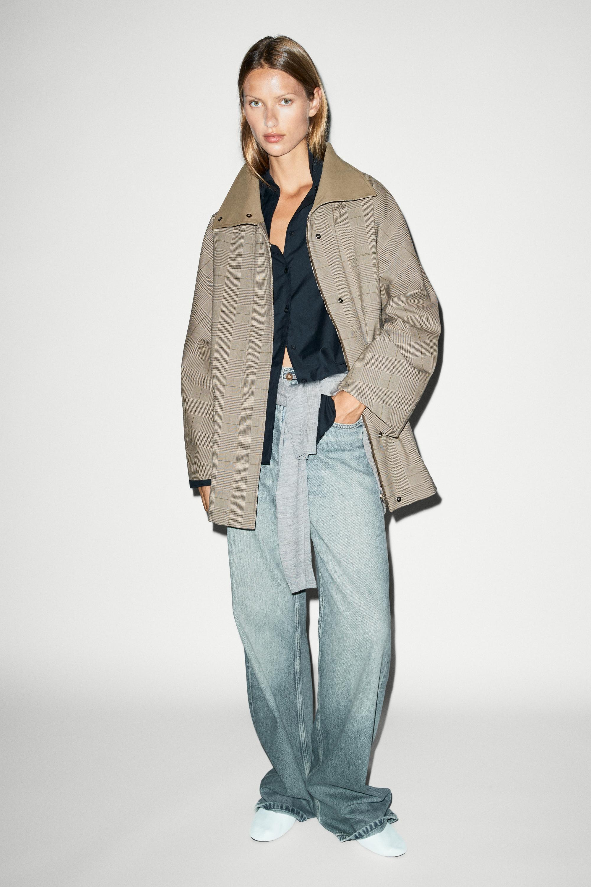 Cotton blend plaid high neck jacket