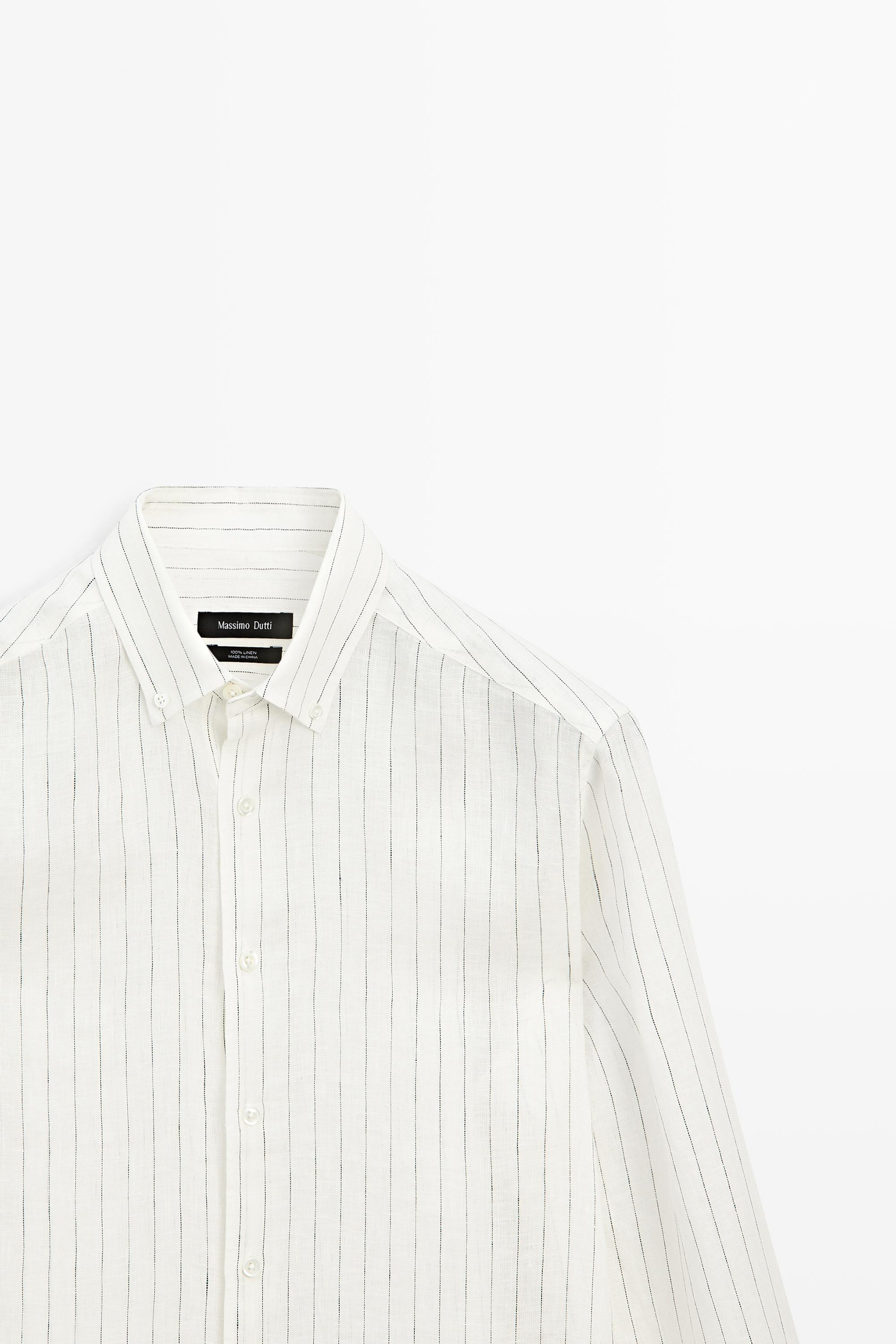 100% linen regular fit striped shirt — CREAM