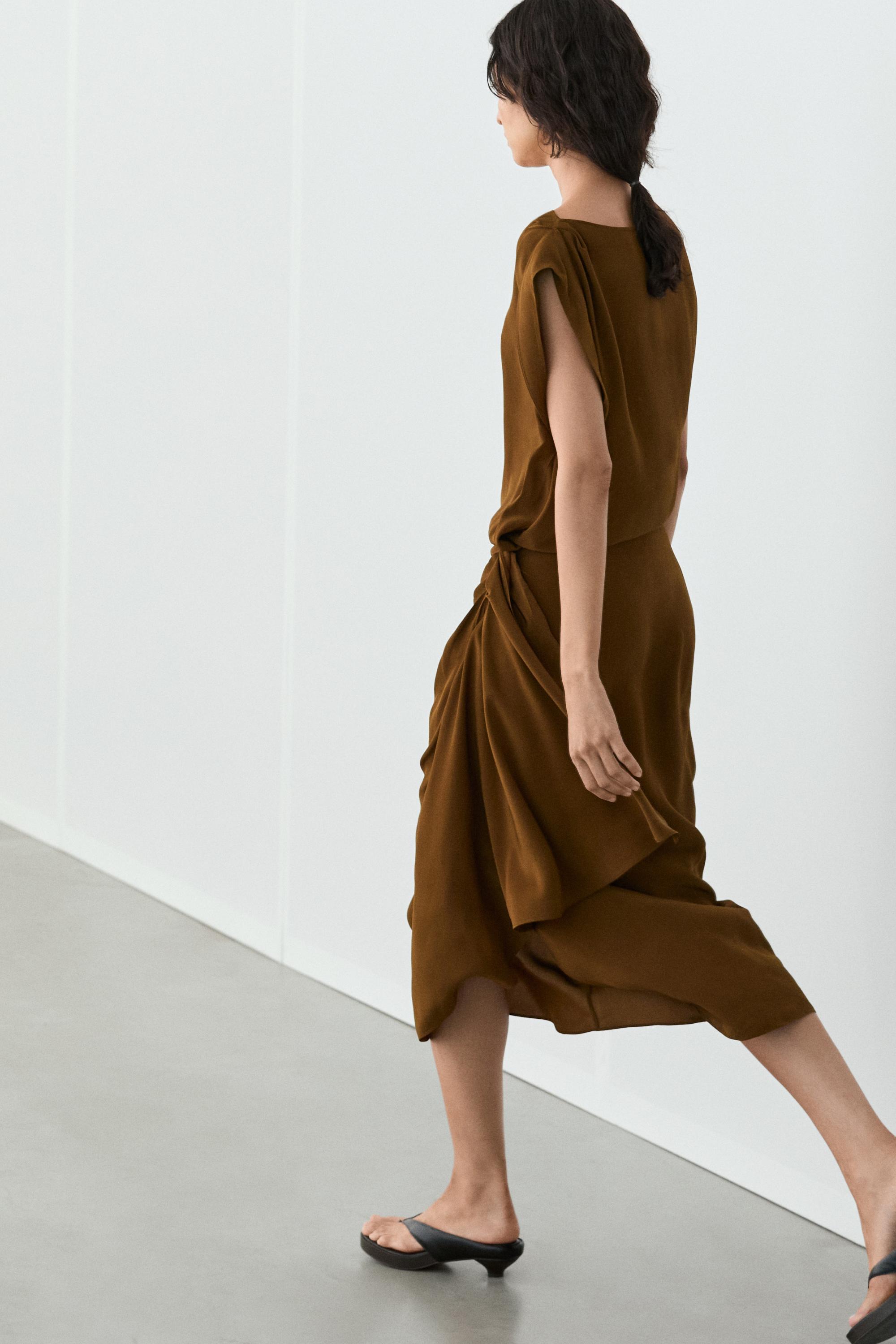 Flowing midi dress with draped detail — GOLDEN