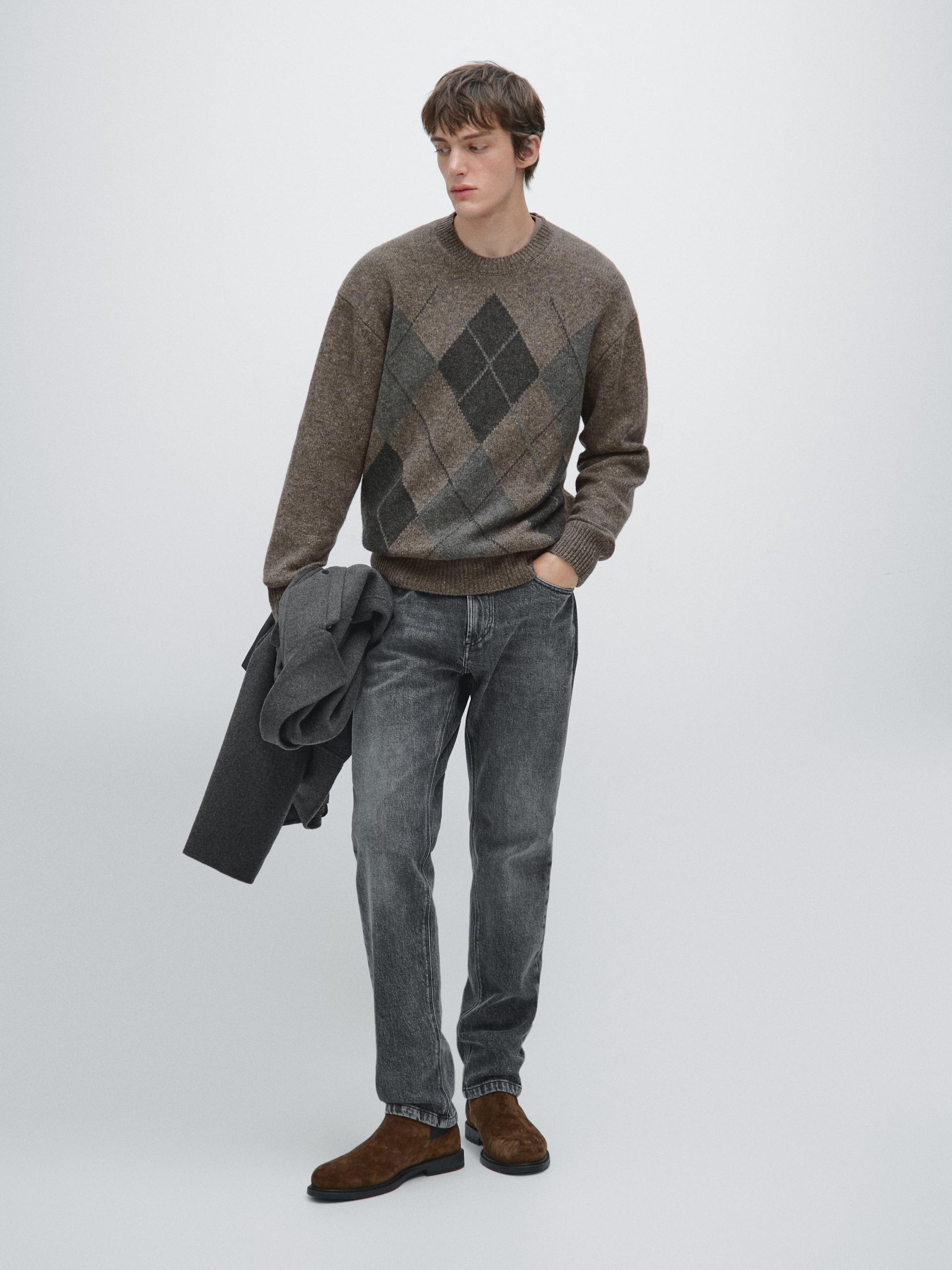 Jersey Punto Rombos 100% Lana - Visón - S - Massimo Dutti - Hombre