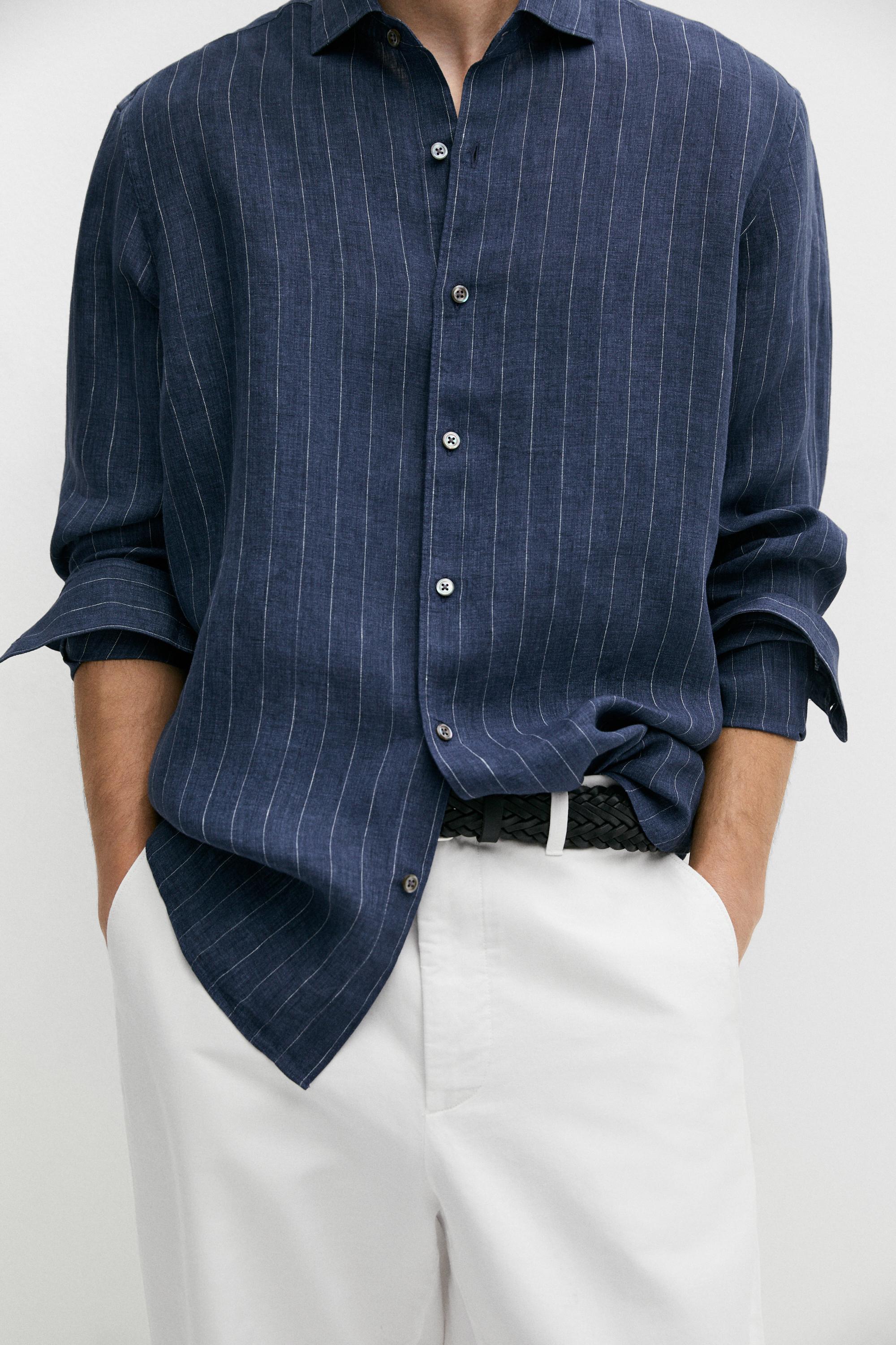 Regular fit striped delave 100% linen shirt — NAVY BLUE