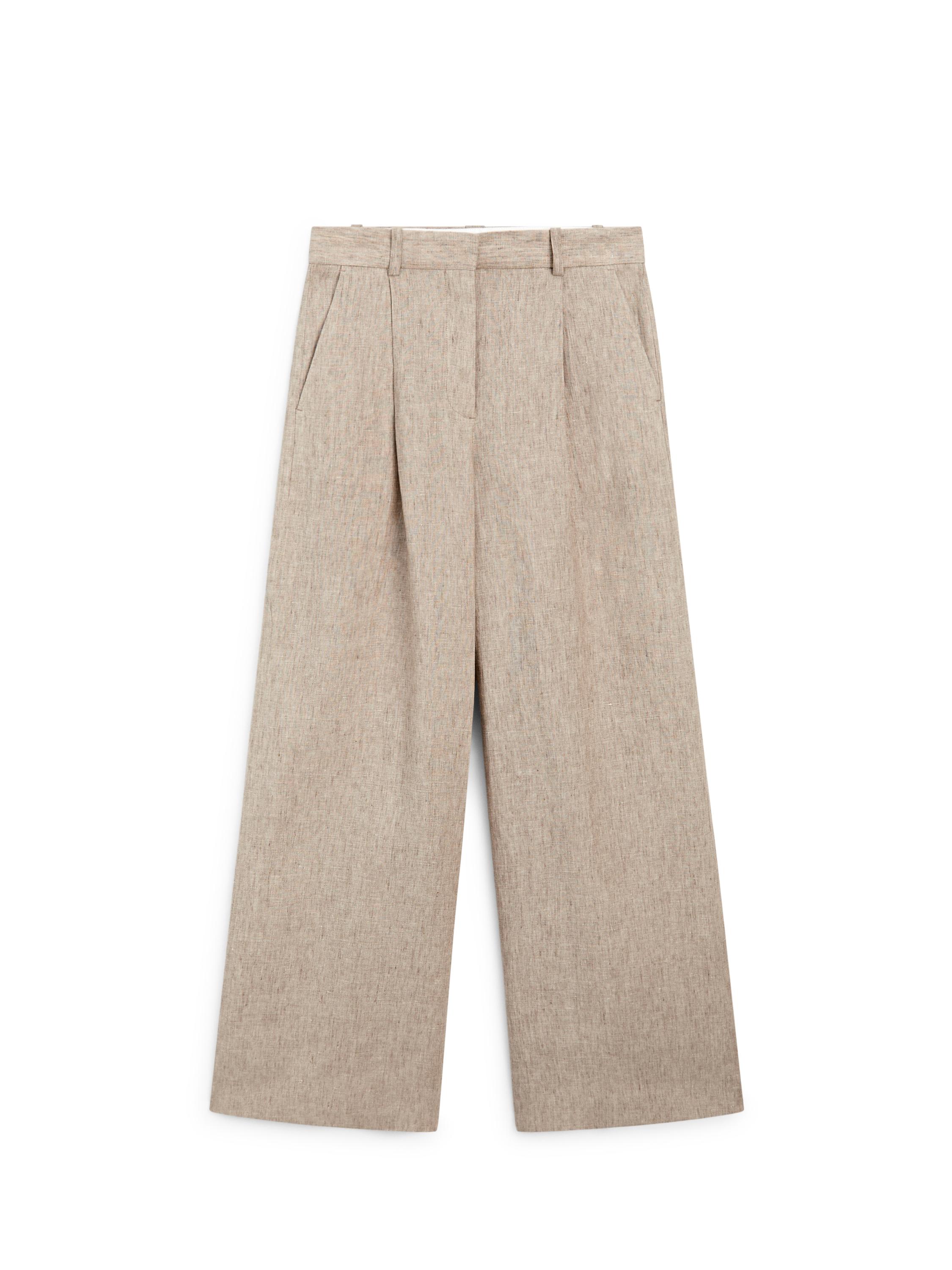 Linen melange trousers with pleated details — BEIGE