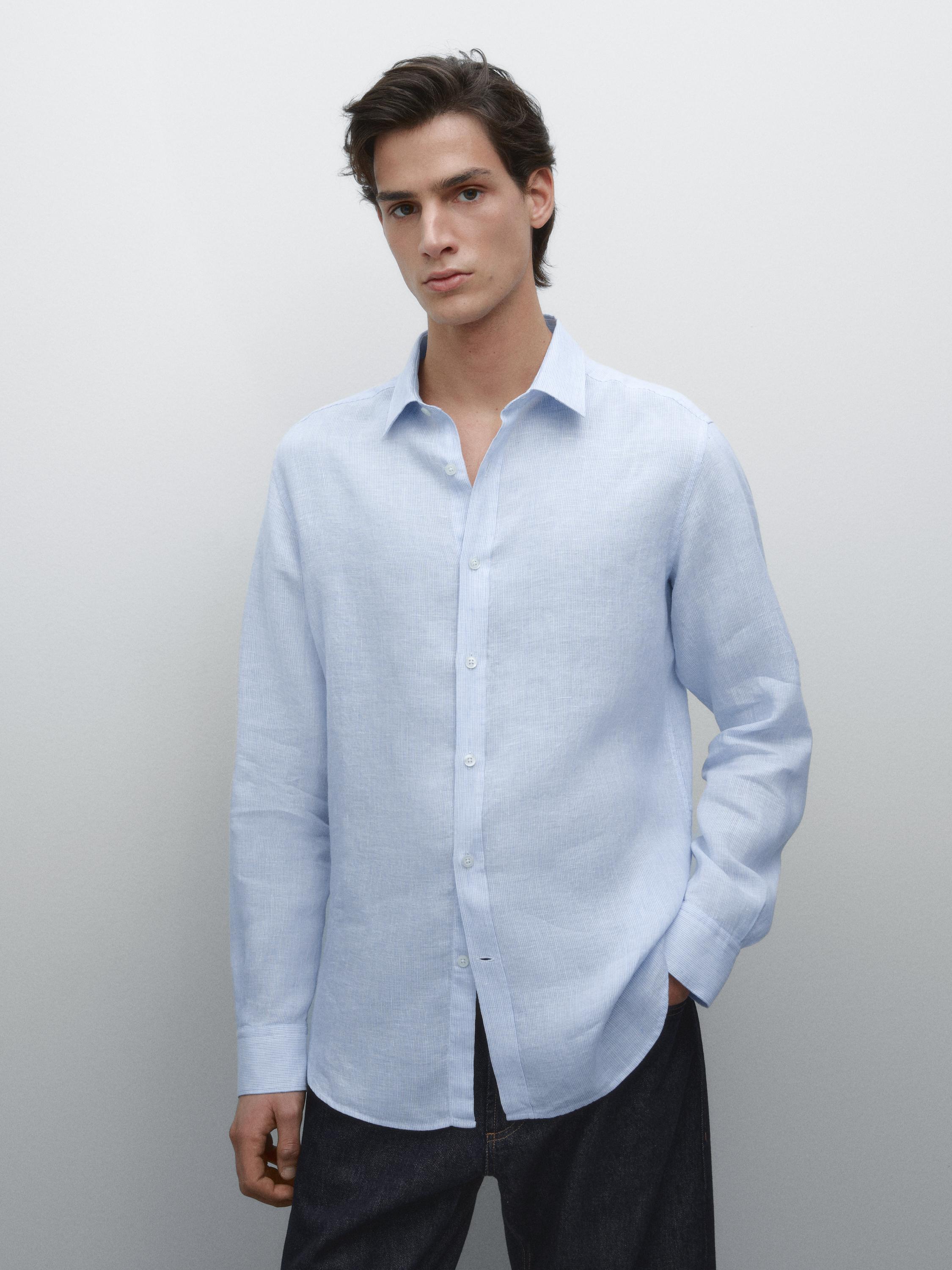 Slim-fit striped 100% linen shirt