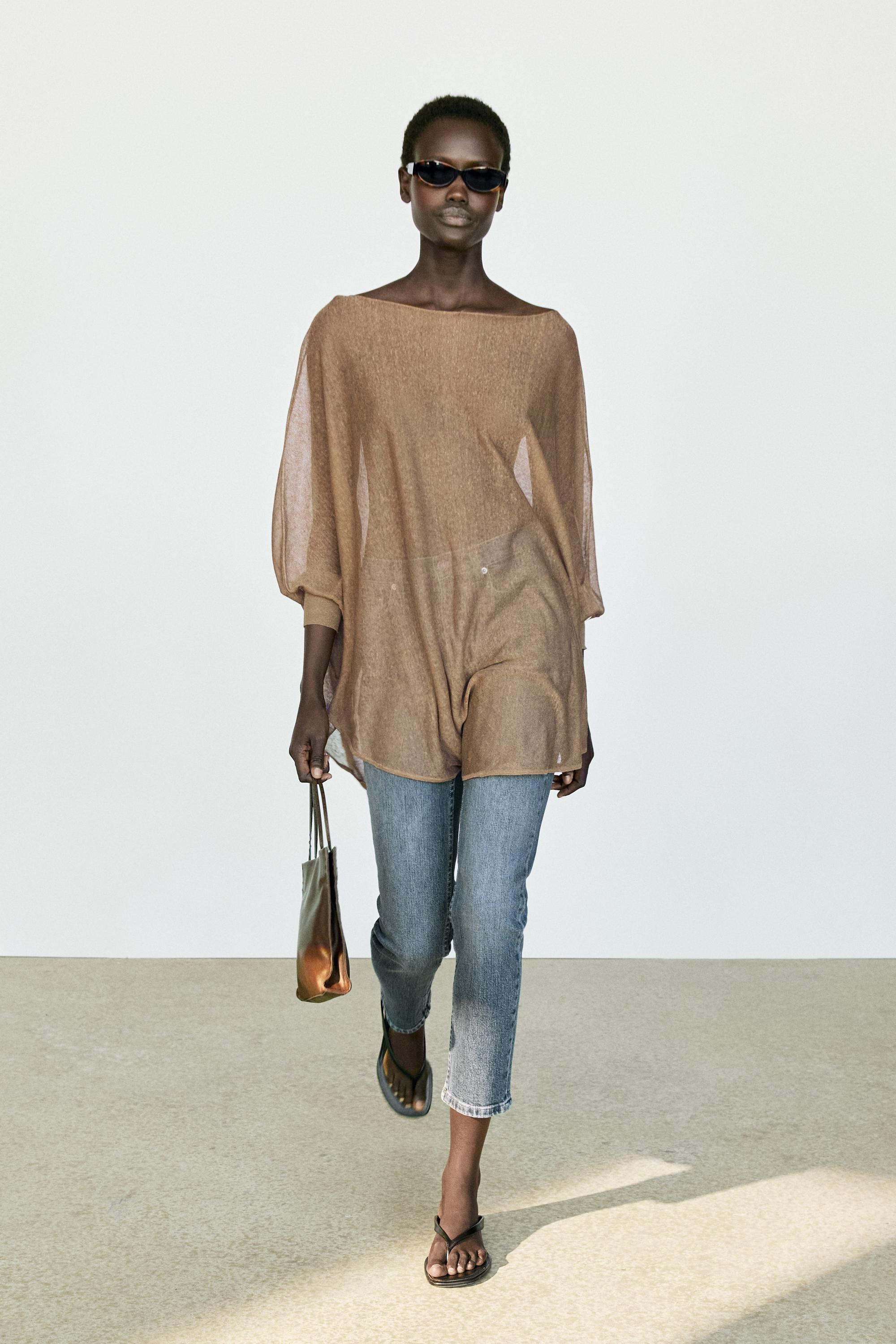 Linen blend flowing cape-style sweater — MOSS GREEN