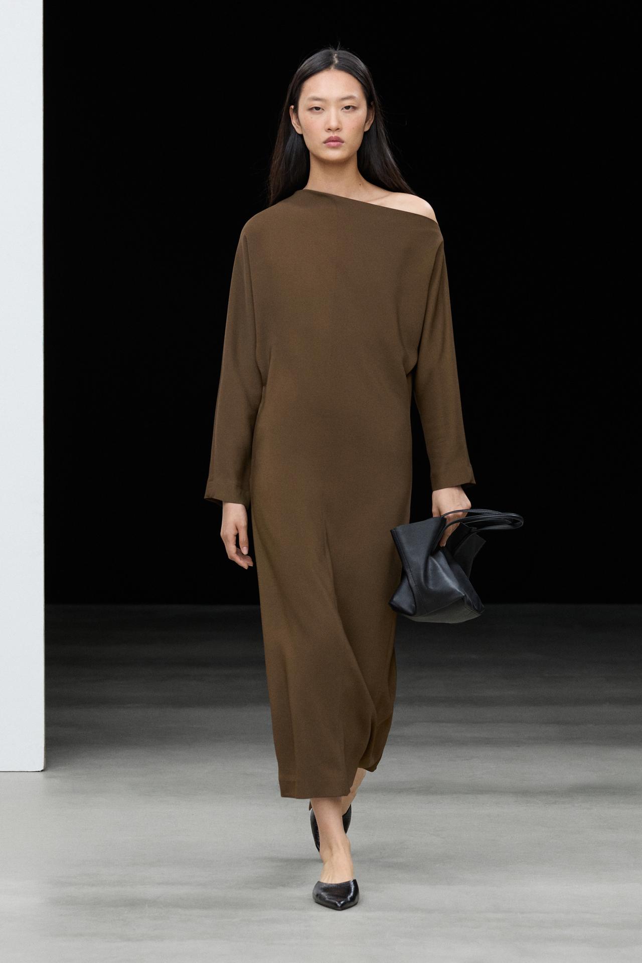 Fluid midi dress with asymmetrical neckline — BROWN