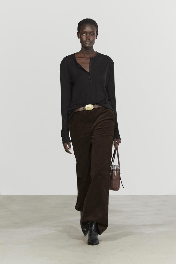 Buttoned henley T-shirt — BLACK
