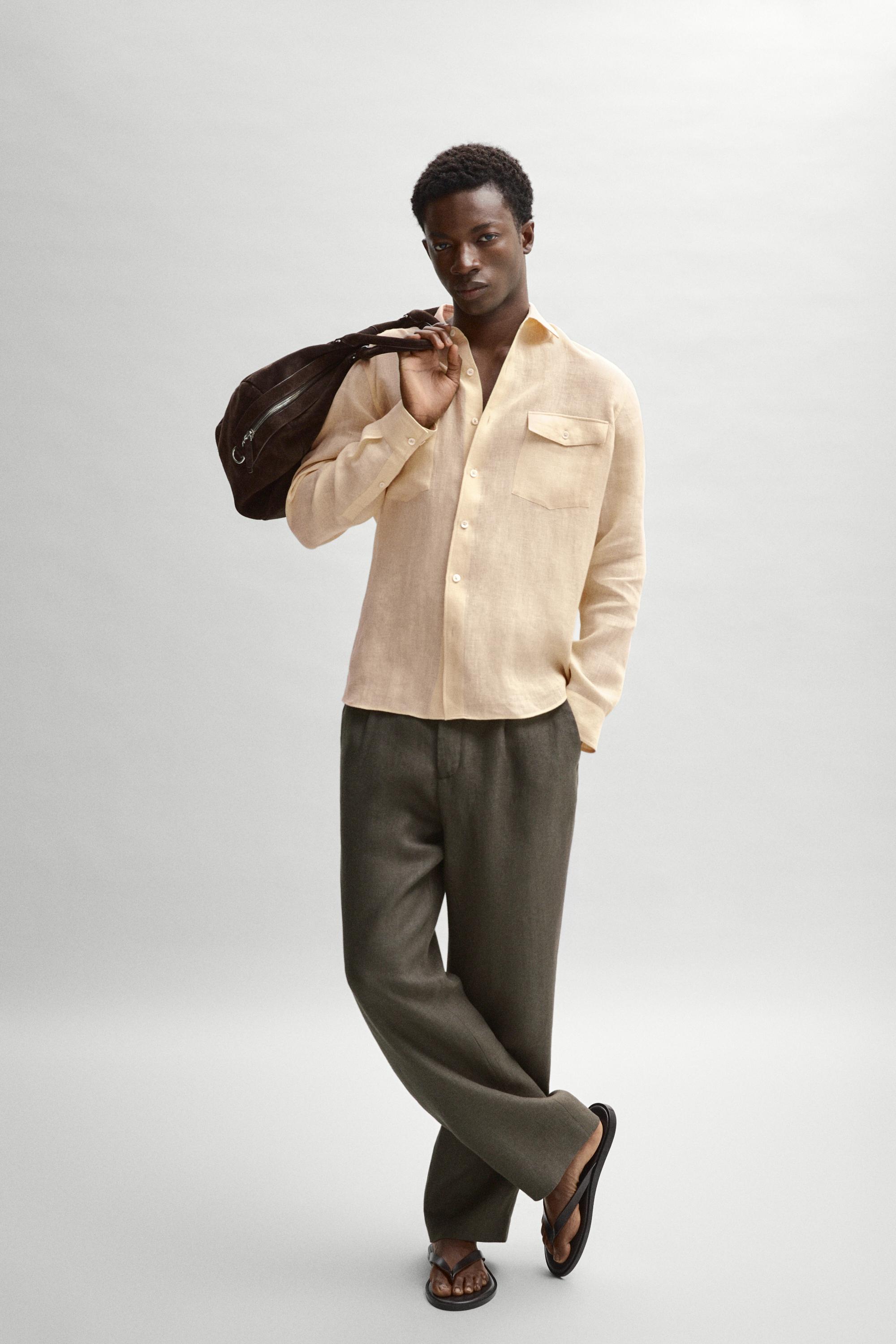 Regular fit 100% linen shirt with pockets — YELLOW