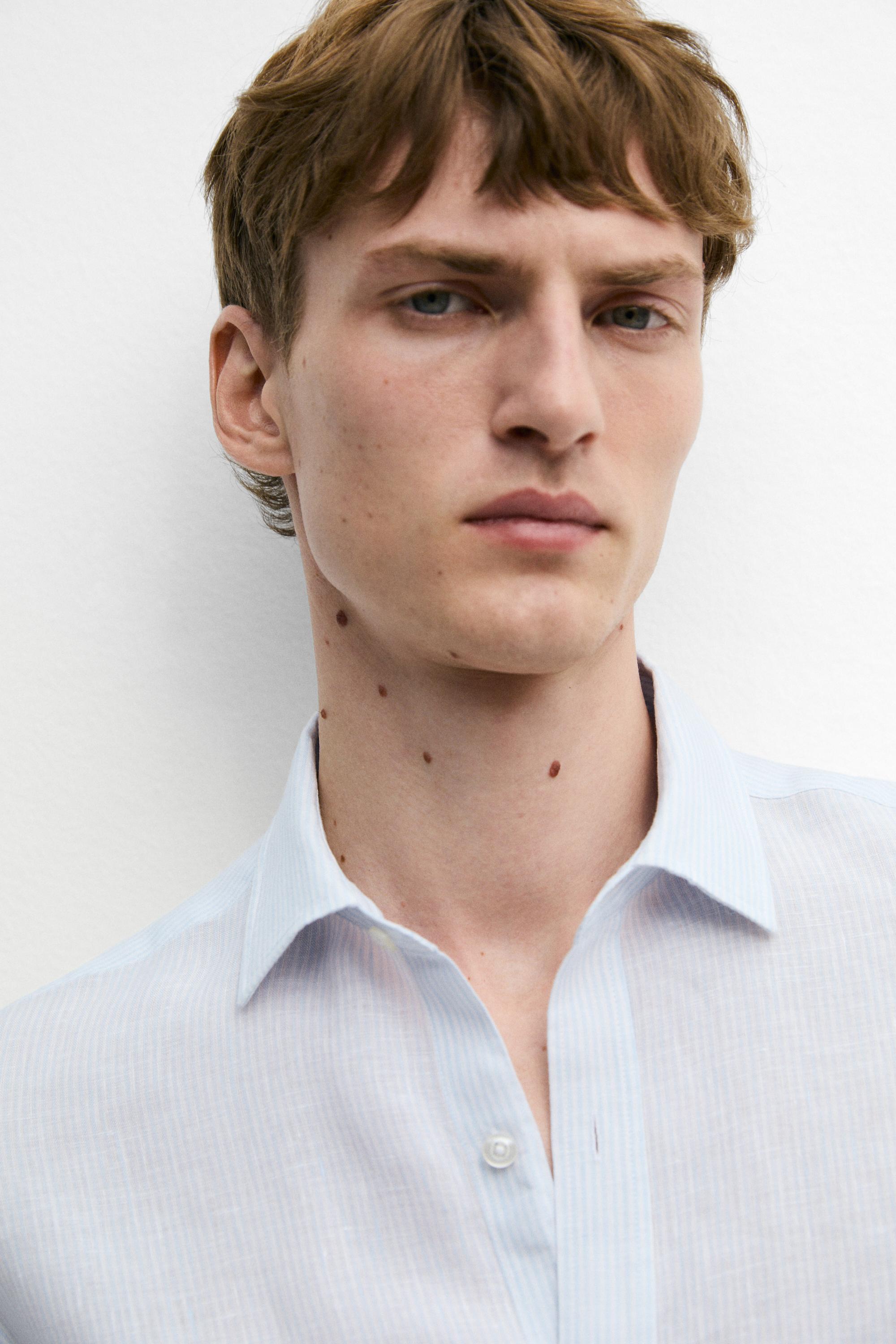 Striped slim fit linen shirt — Sky blue