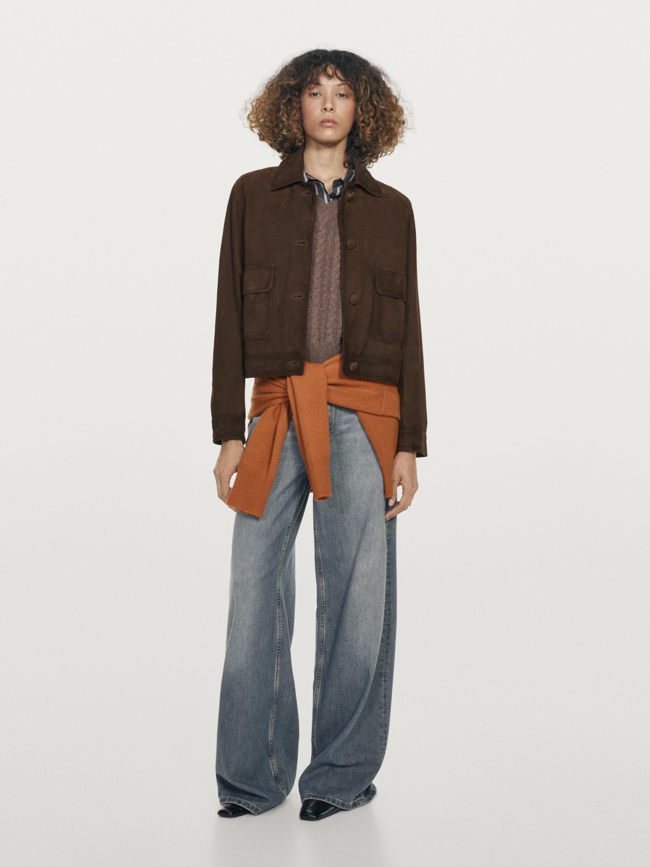 Cropped suede leather-lined jacket with buttons