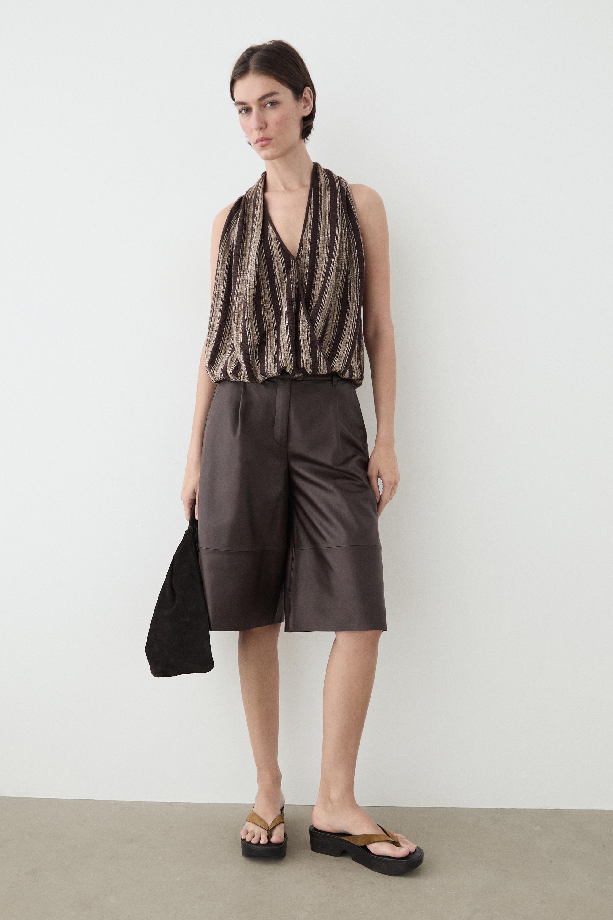 Surplice top with striped detail — BROWN