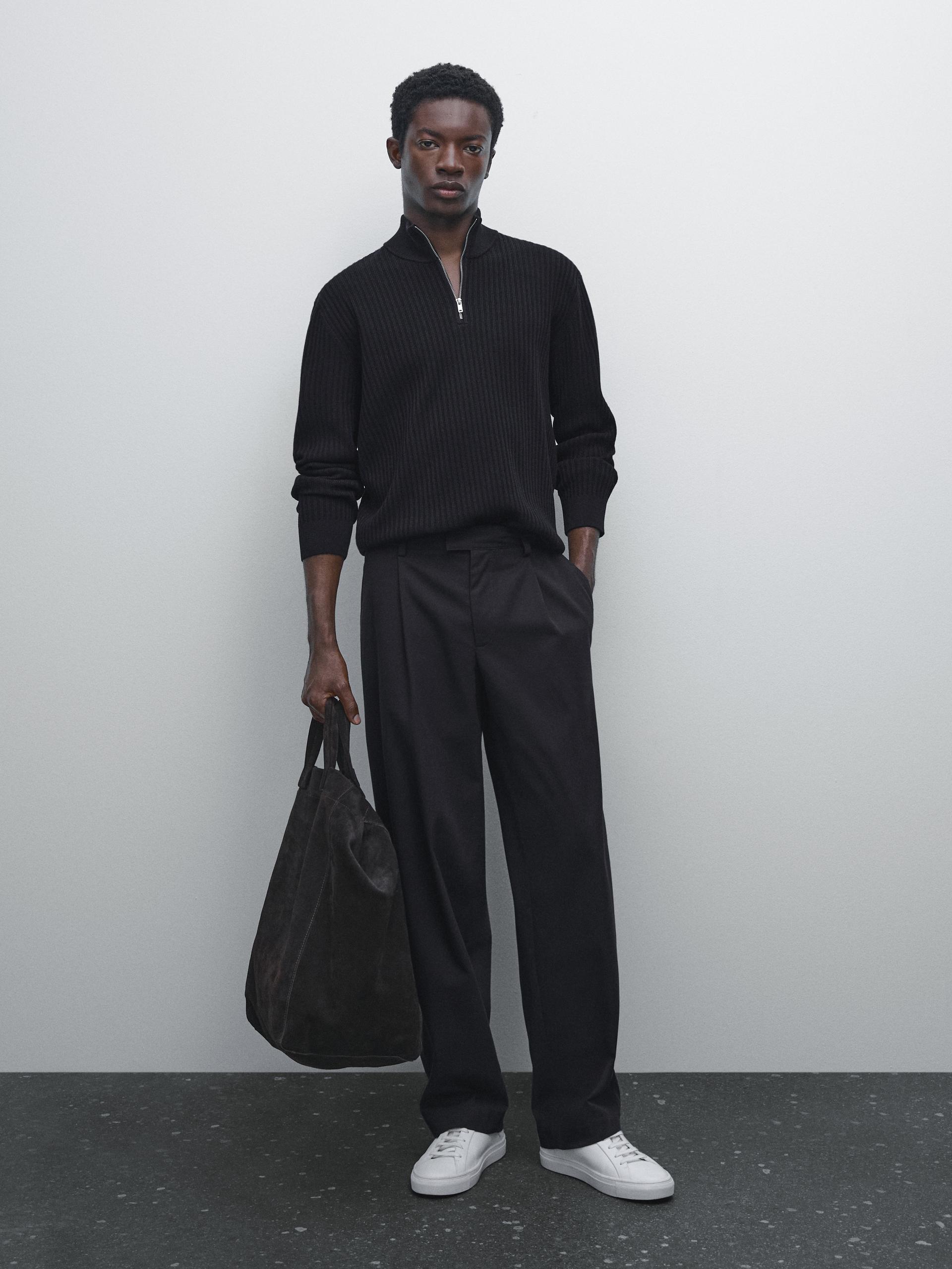 Camisola De Malha Com Gola Mock - Azul-Marinho - S - Massimo Dutti - Homem