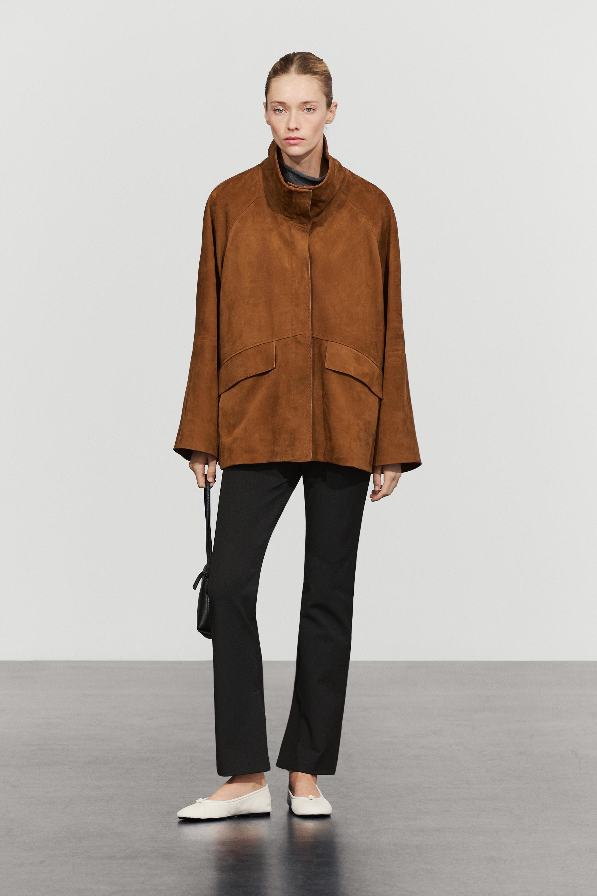 Nubuck leather high collar coat — COPPER