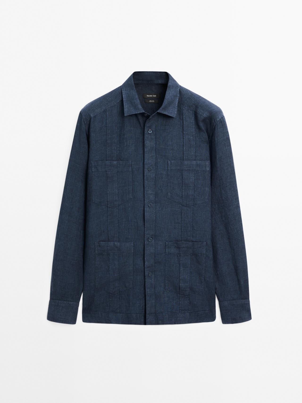 Massimo Dutti - Herre - Skjorte I 100 % Hør Med Biser - Blå - L