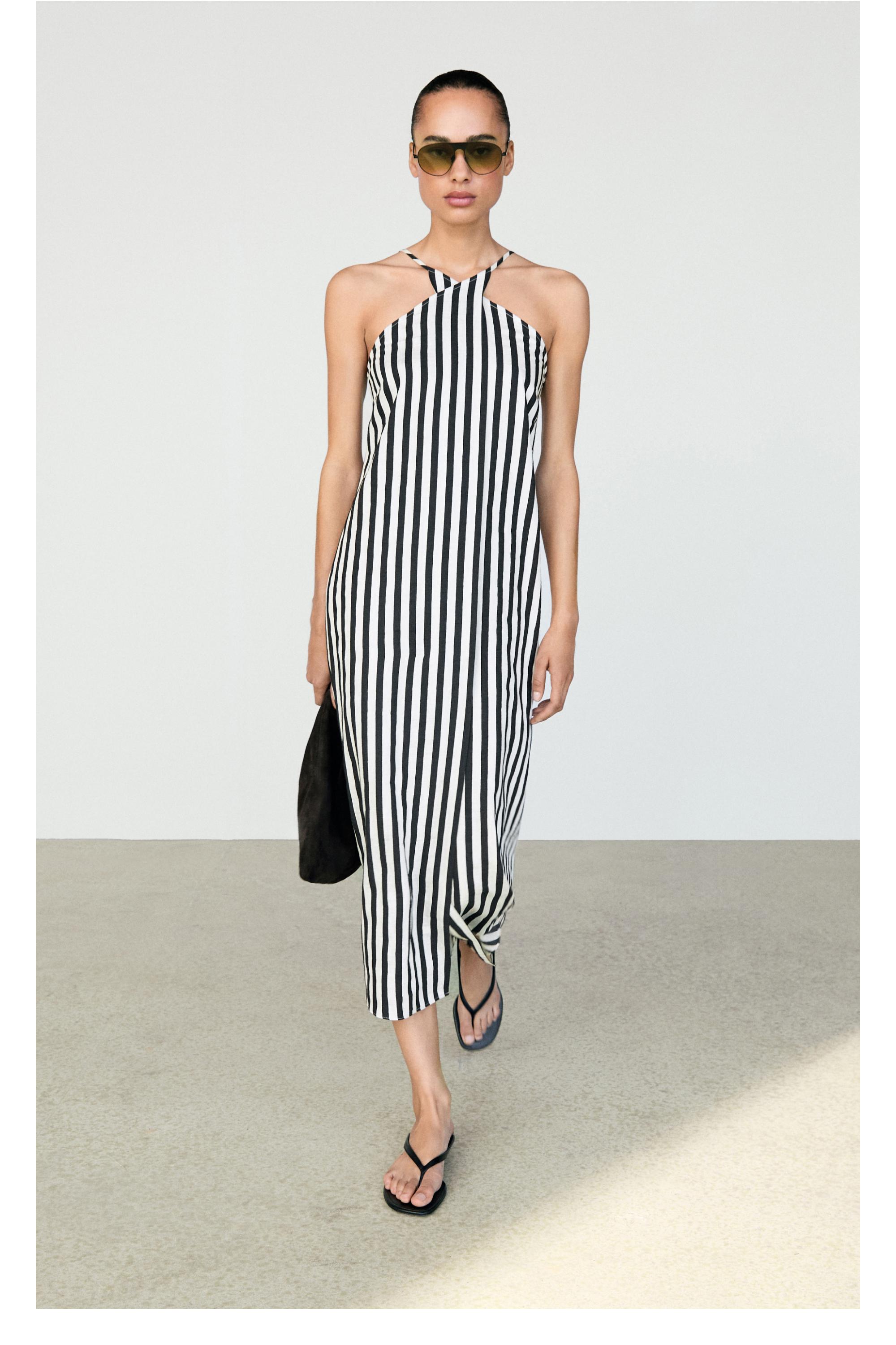 Striped midi dress with crisscross straps — BLACK