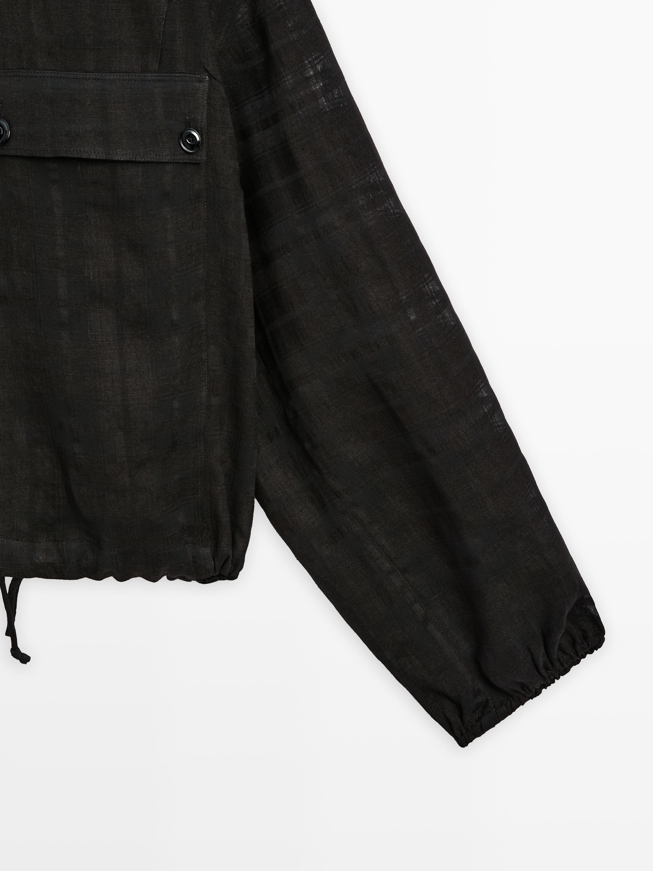 Linen blend check bomber jacket