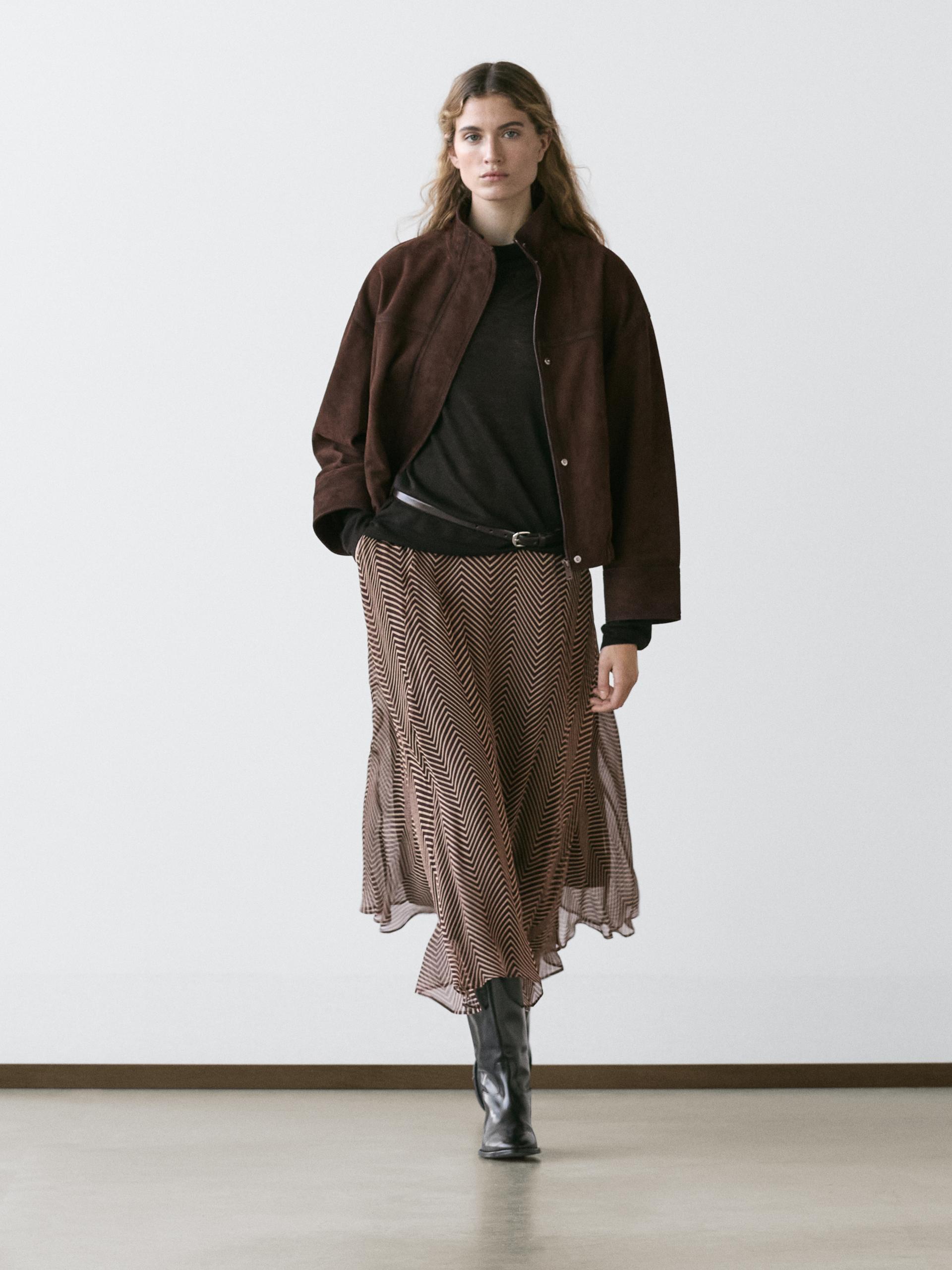 Falda Midi Vuelo Estampado Geométrico - Burdeos - 40 - Massimo Dutti - Mujer