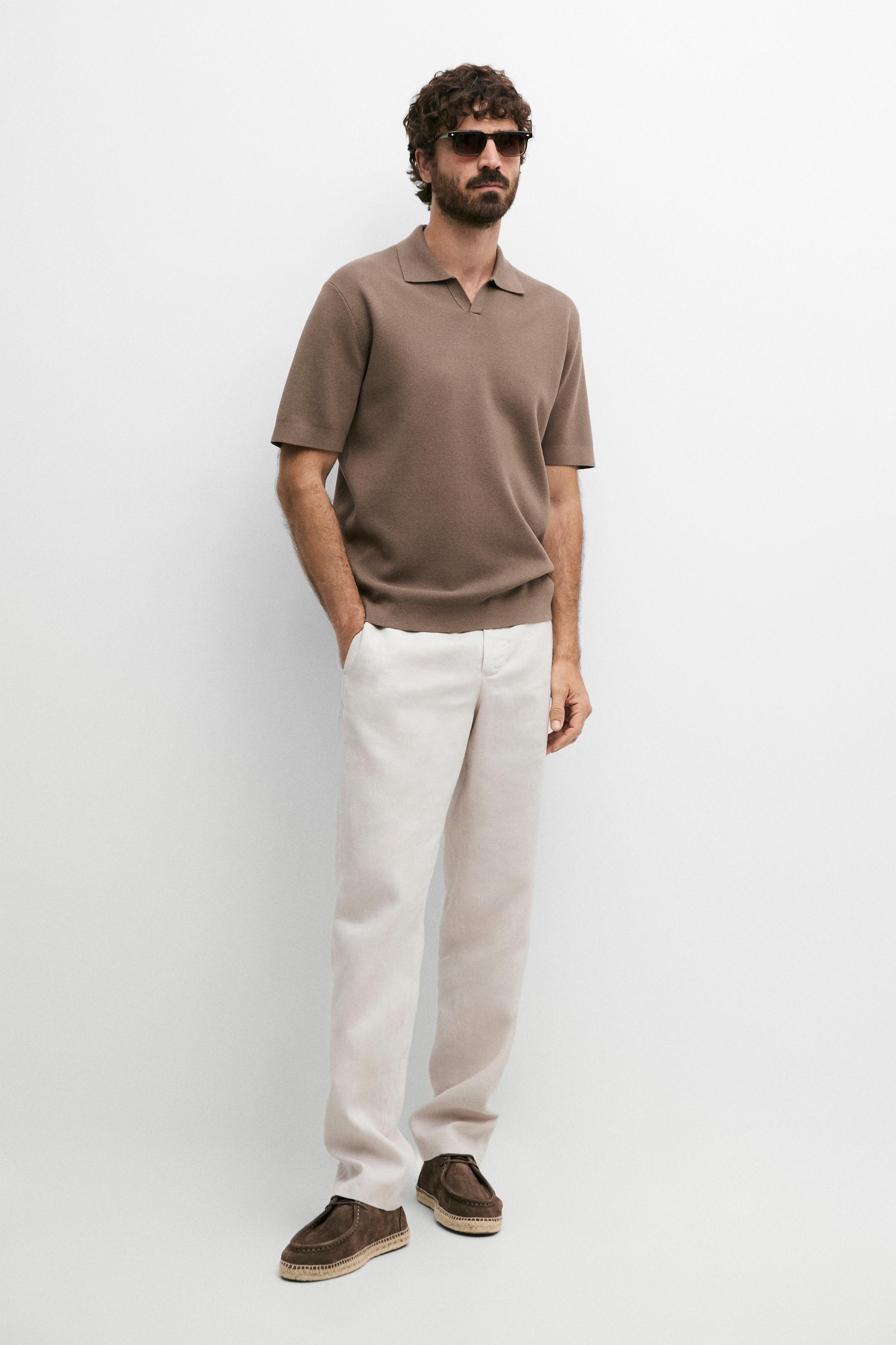 Flowing cotton blend knit polo shirt — PALE KHAKI