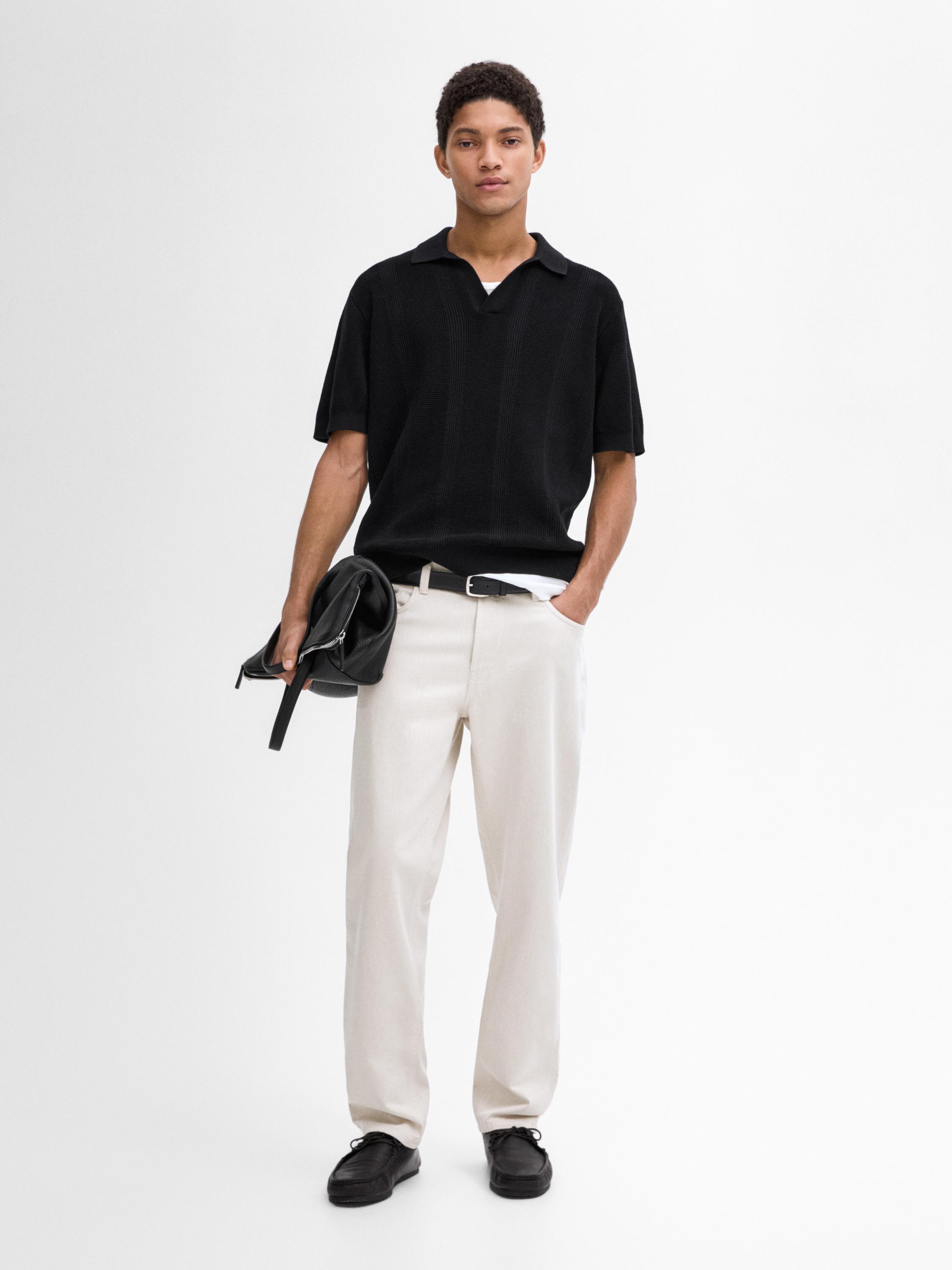 Textured cotton knit short sleeve polo shirt