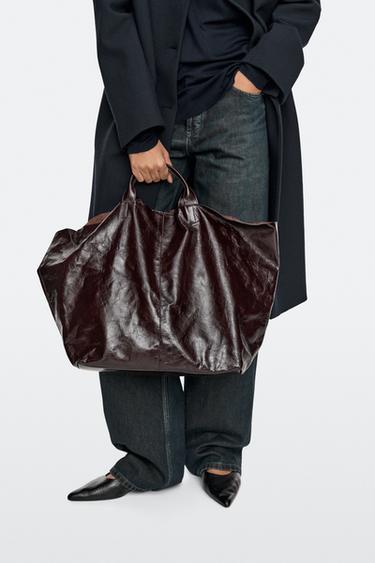 Maxi crackle nappa leather tote bag — Chocolate 1