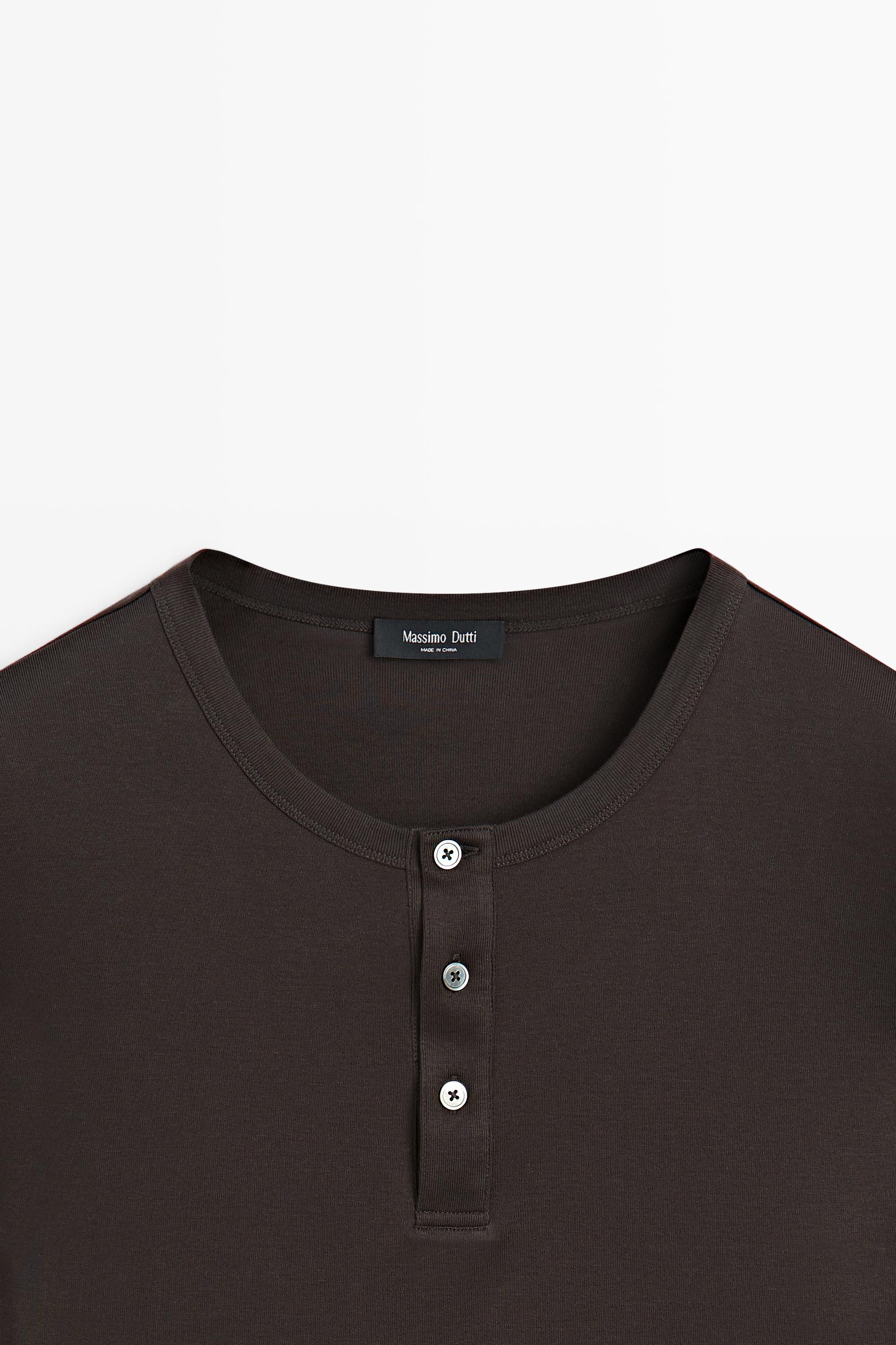 100% cotton long sleeve henley T-shirt — Chocolate