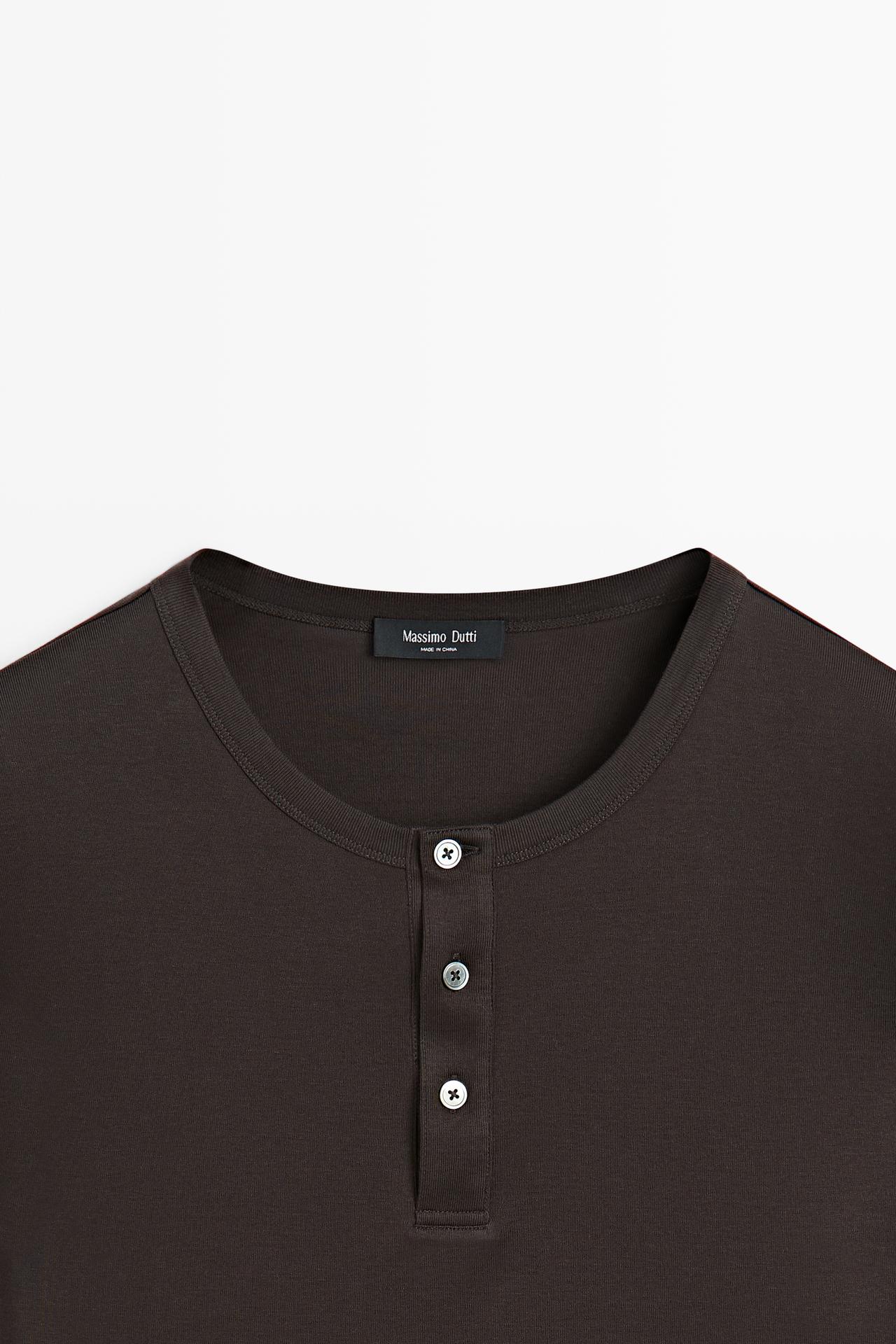 100% cotton long sleeve henley T-shirt — Chocolate