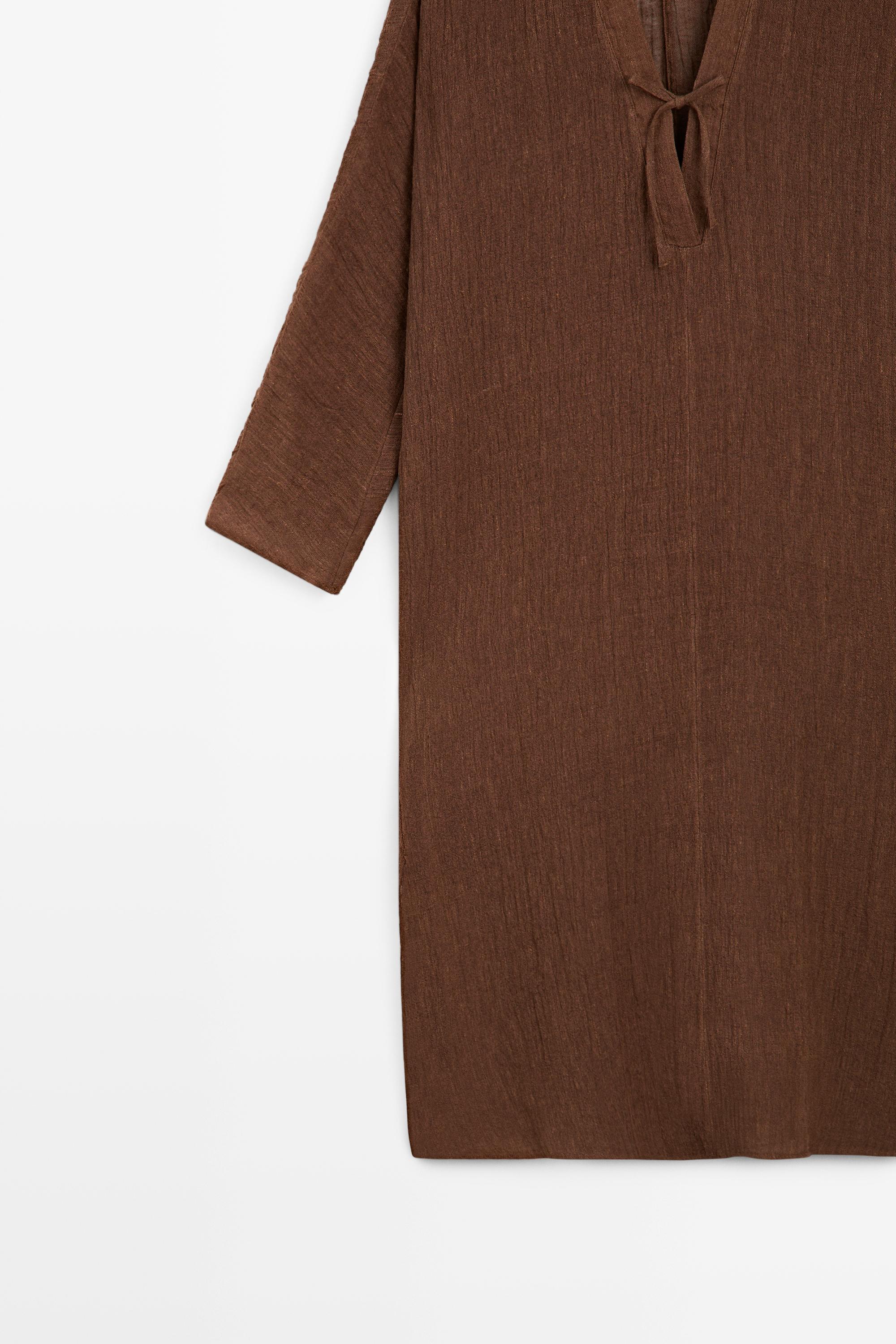 Linen blend kaftan dress with tied neckline — OCHRE