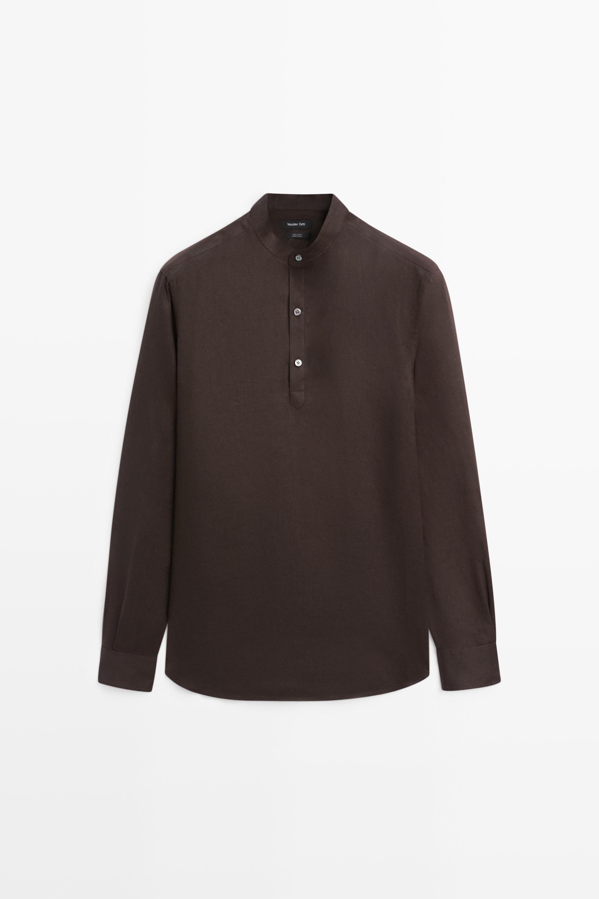 Regular fit stand collar 100% linen shirt — Chocolate