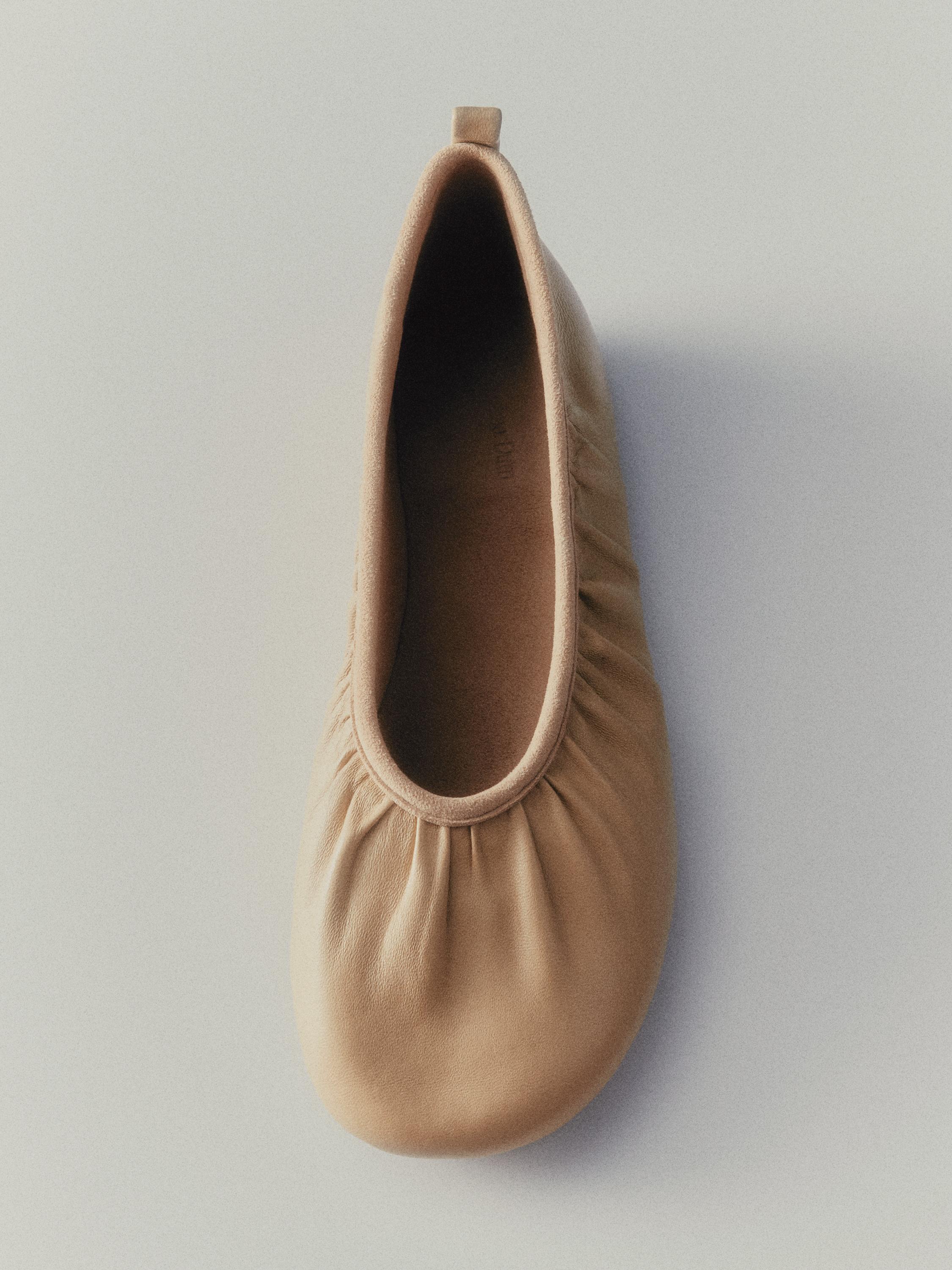 Soft leather ballet flats with gathered detail — BEIGE