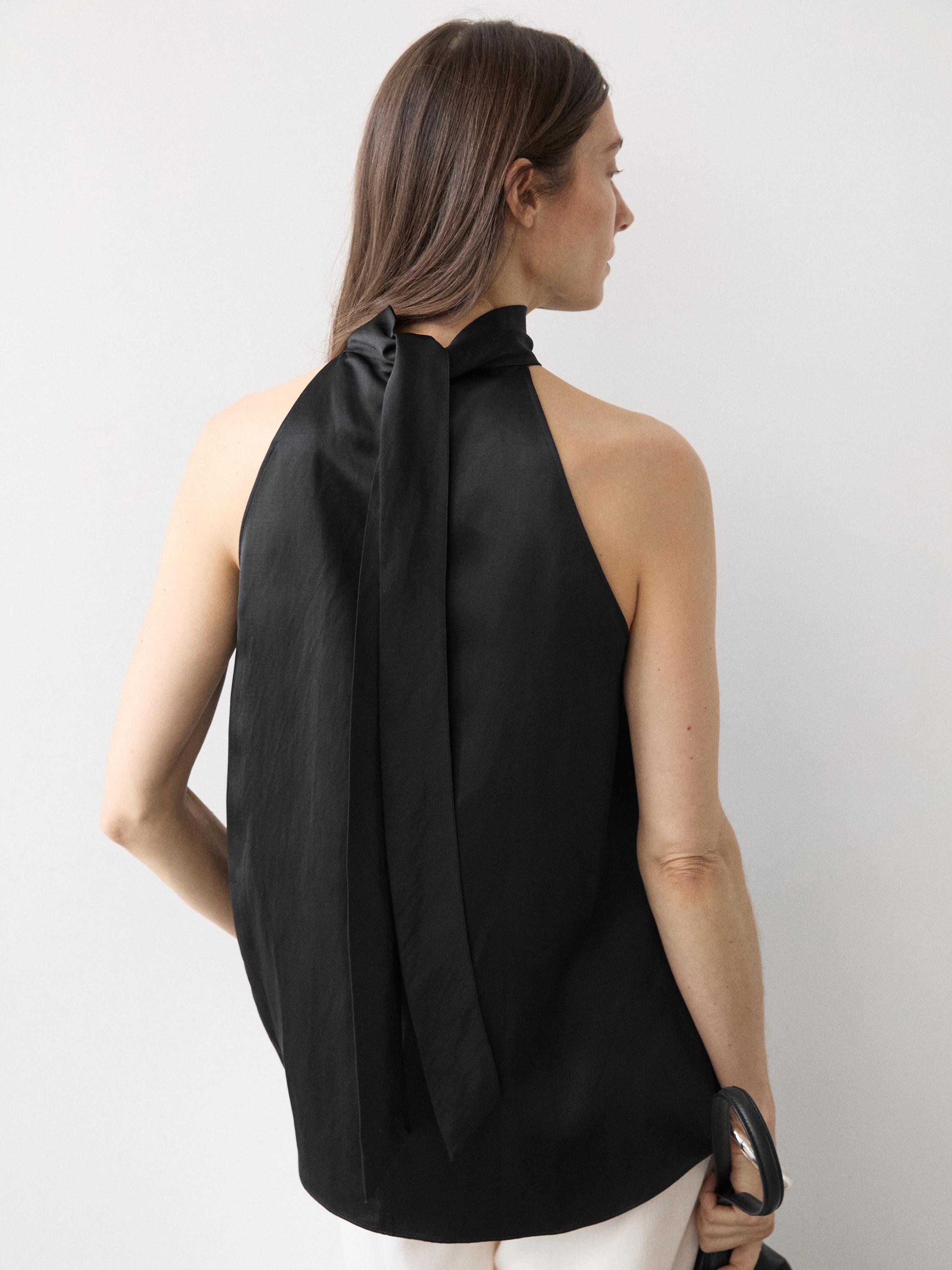Satin halter top with tie detail — BLACK