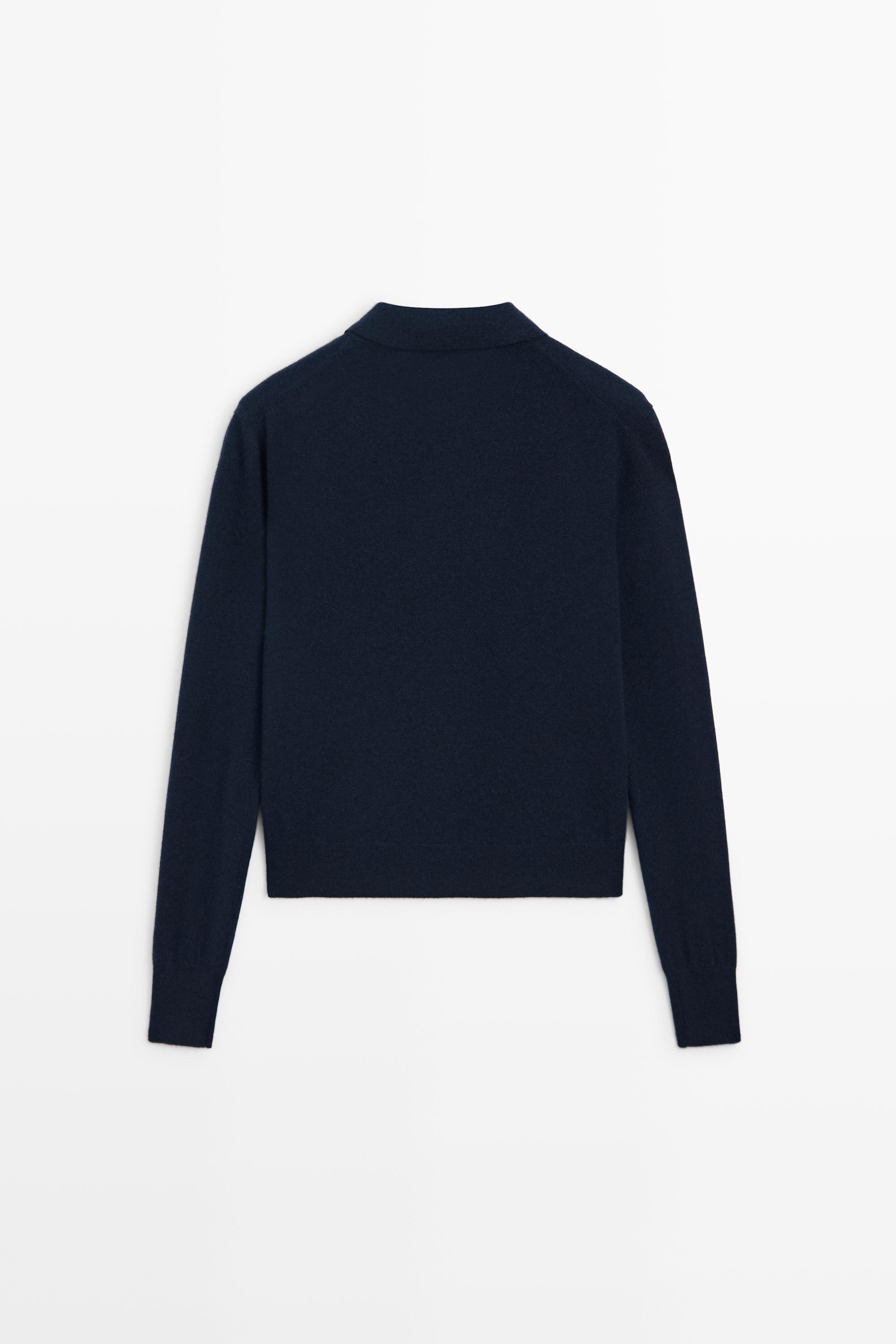 100% cashmere knit polo collar cardigan — NAVY BLUE