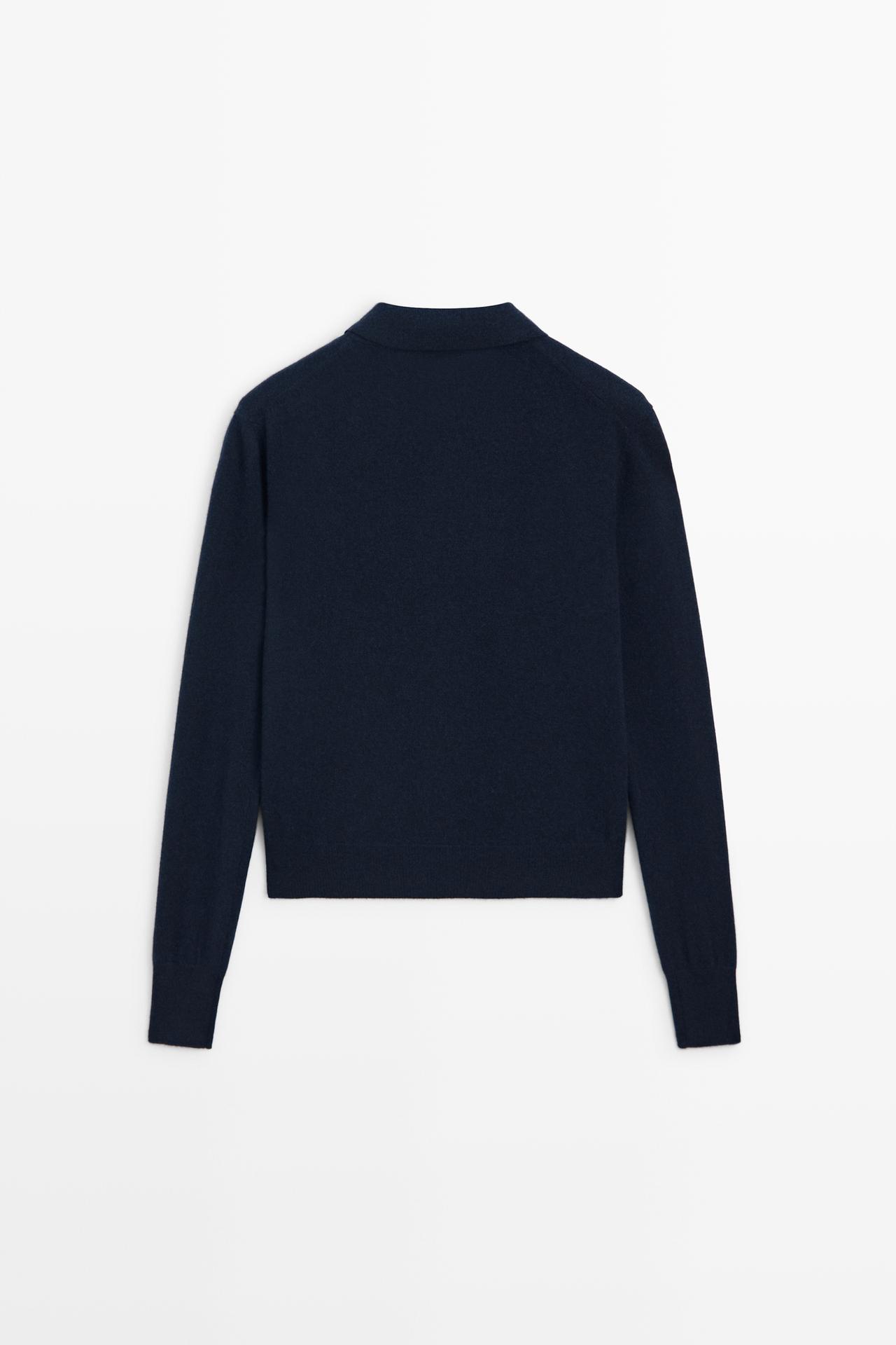 100% cashmere knit polo collar cardigan — NAVY BLUE