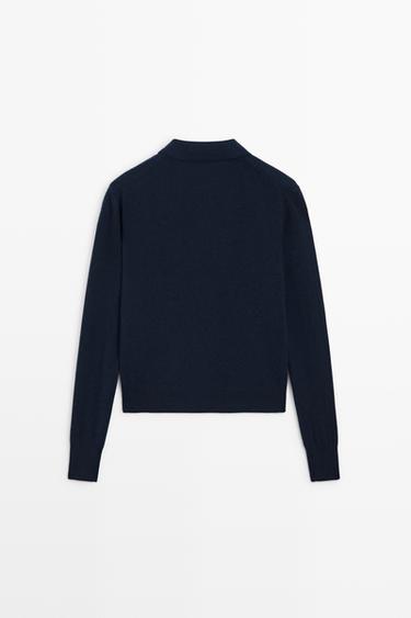 100% cashmere knit polo collar cardigan — NAVY BLUE 6