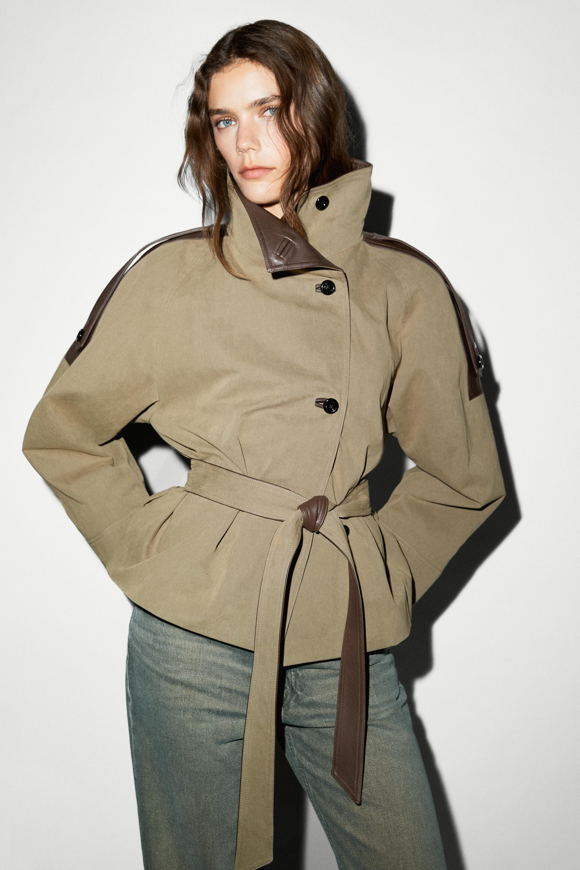 Cropped mixed leather jacket — Greyish green
