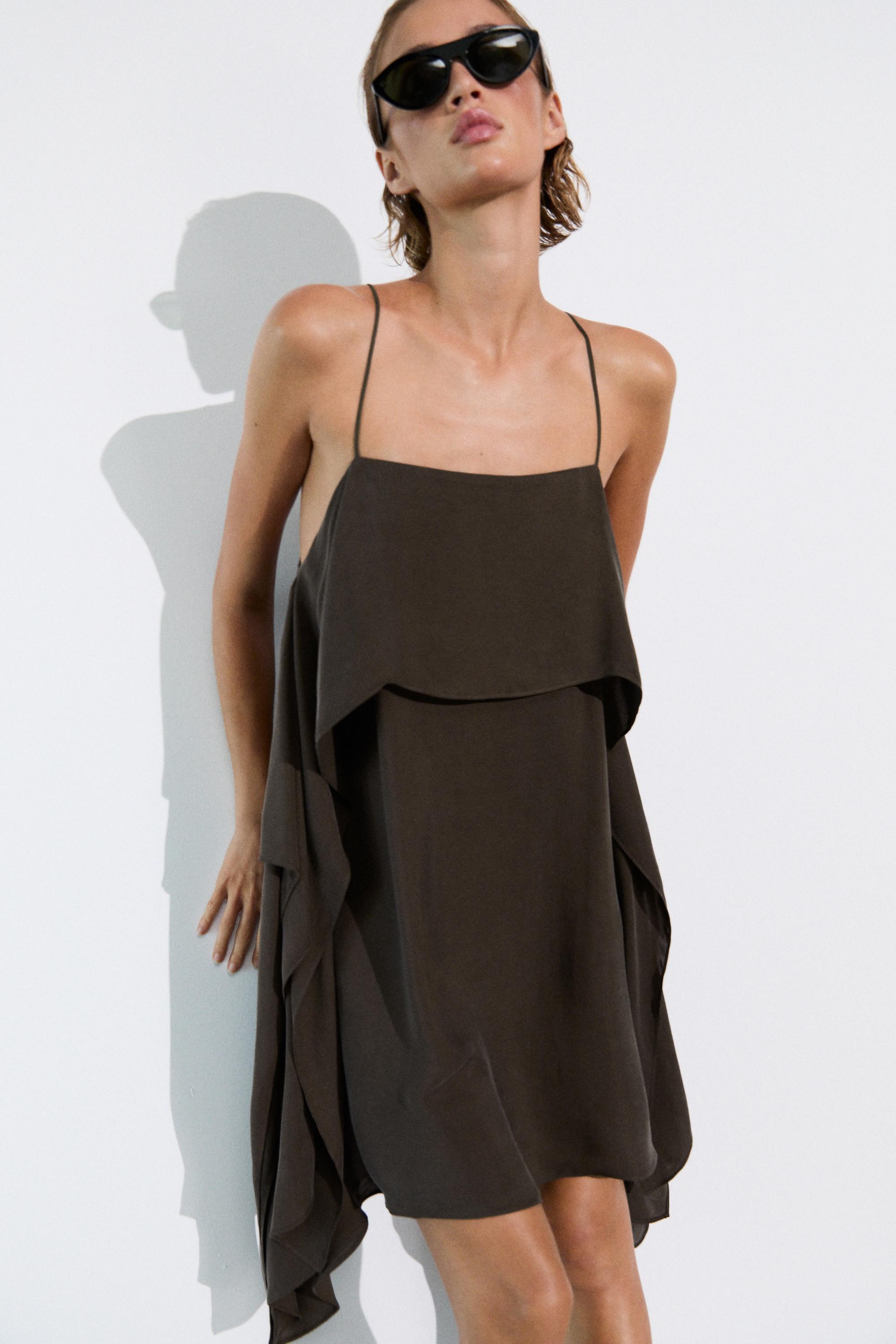 Strappy mini dress with ruffle detail — BROWN