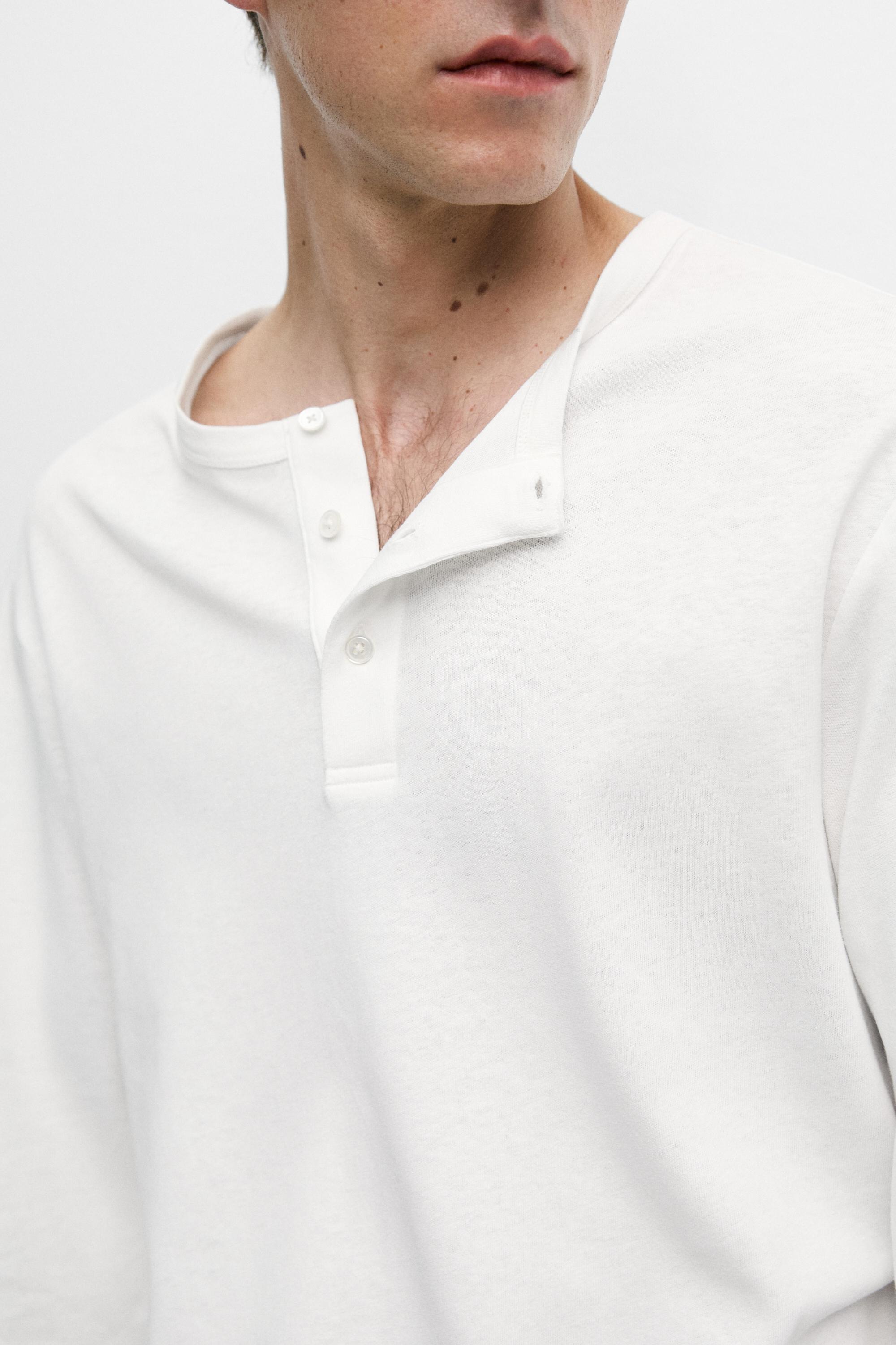 Long sleeve henley neck T-shirt — WHITE