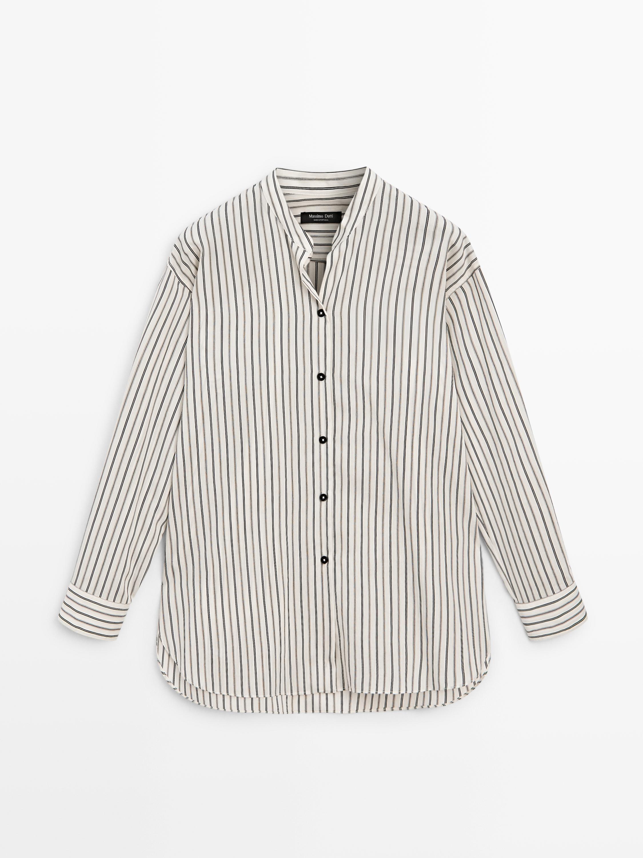 Striped flowing shirt with stand collar — Off white