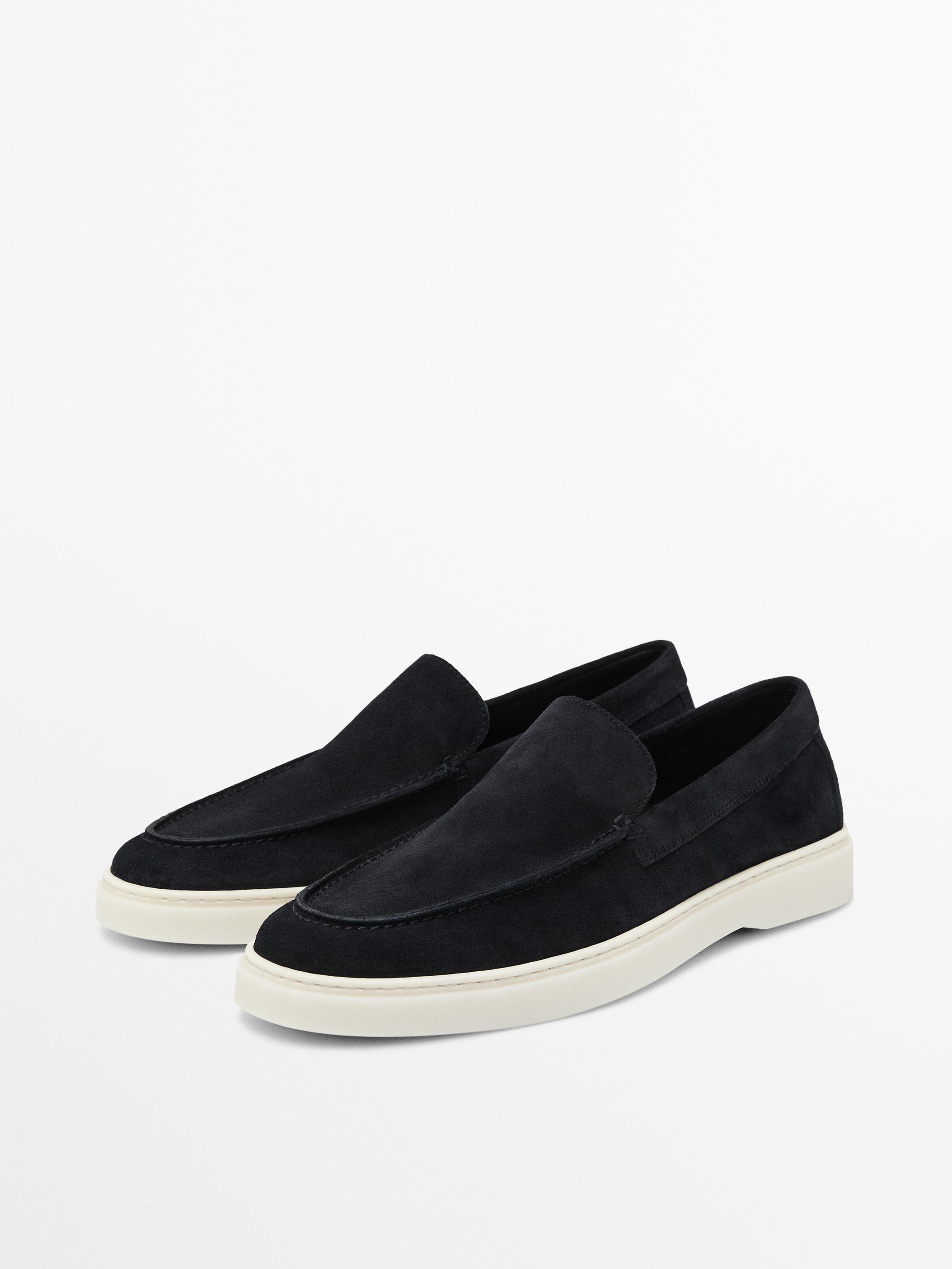 Split leather loafers with moc toe — BLUE