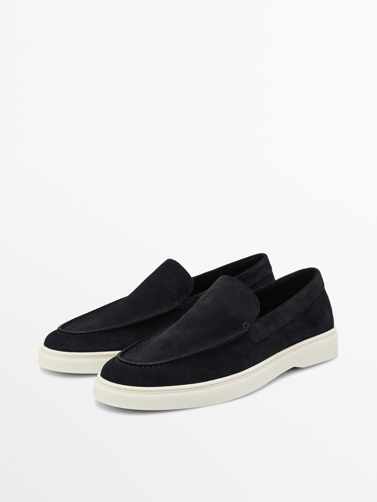 Split leather loafers with moc toe — BLUE