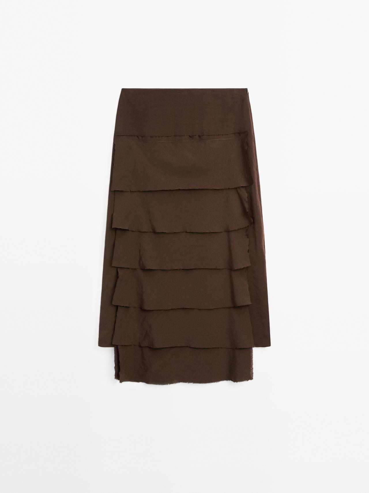 Massimo Dutti - Dame - Midinederdel Med Flæsedetalje - Chokolade - 38