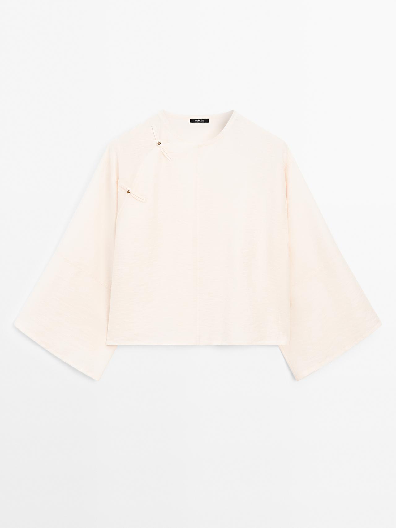 Massimo Dutti - Dame - Kort Bluse Med Blødt Fald Og Knapdetalje - Råhvid - L