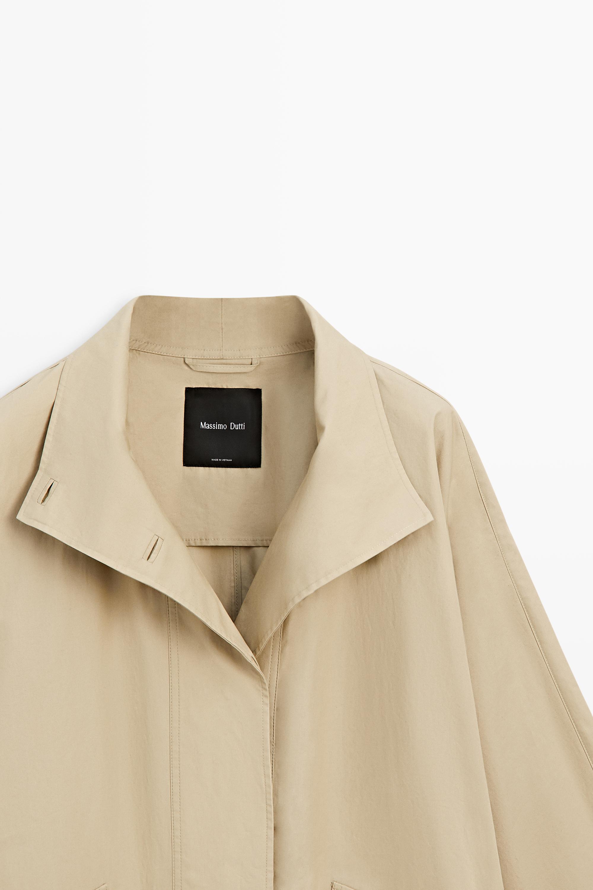 100% Cotton High-Neck Trench Coat — Light Beige