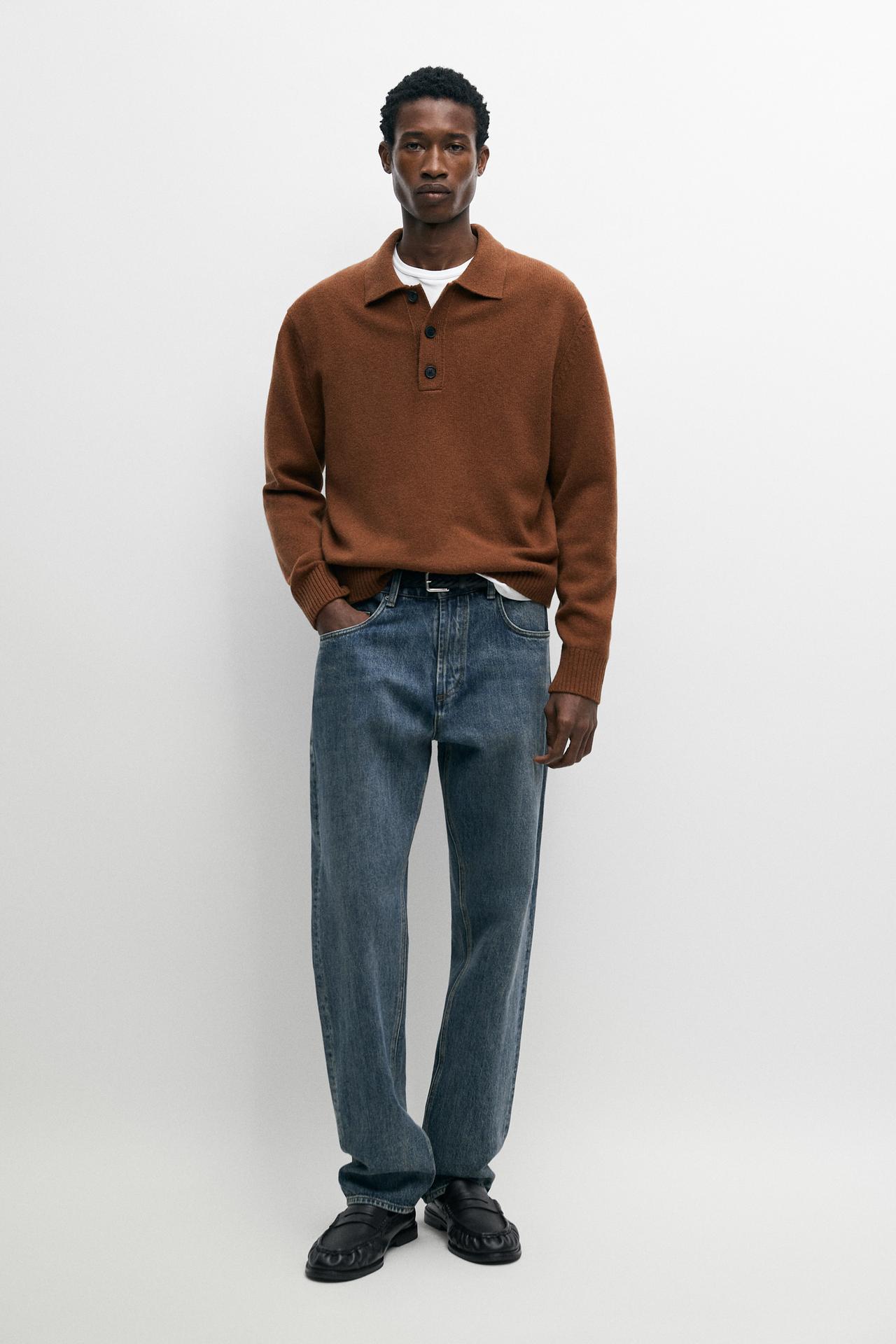 100% wool knit polo sweater with button detail — TOFFEE
