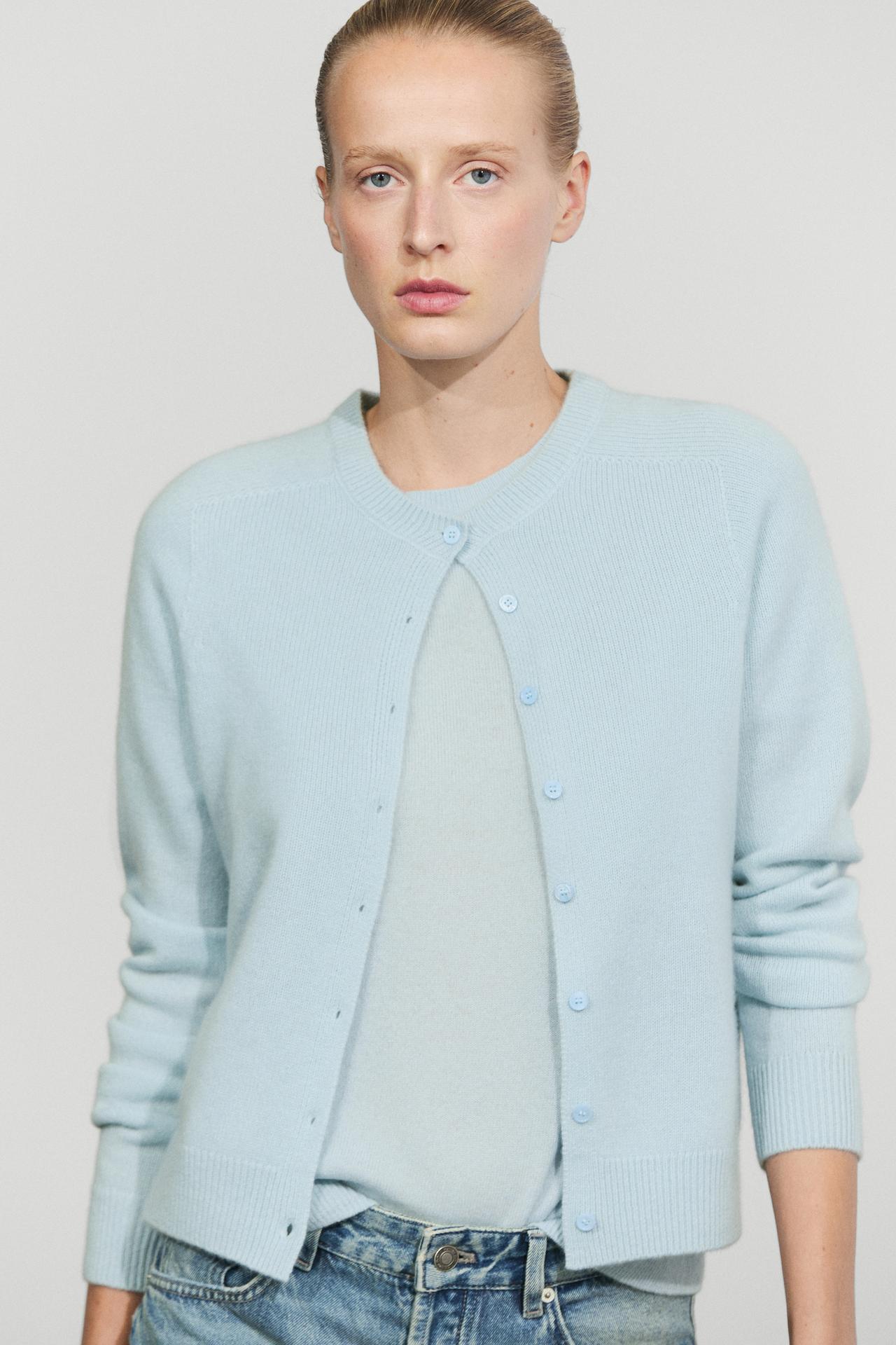 100% cashmere cropped knit cardigan — SKY BLUE